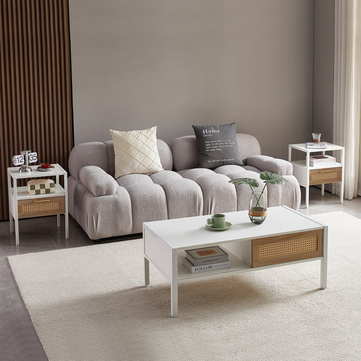Plush grey boucle sofa with tufted cushions and decorative pillows for living room