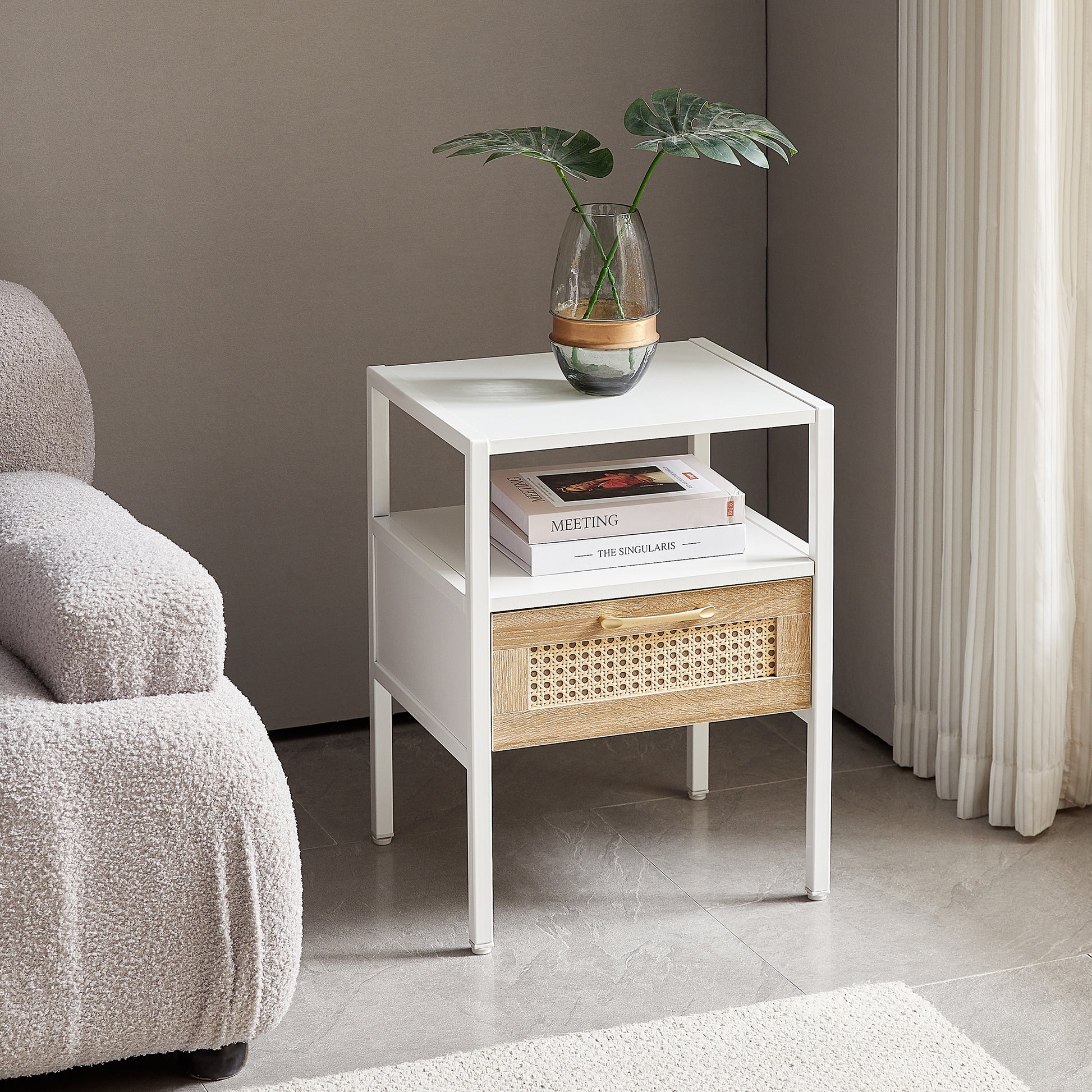 White metal end table with cane drawer and brass handle