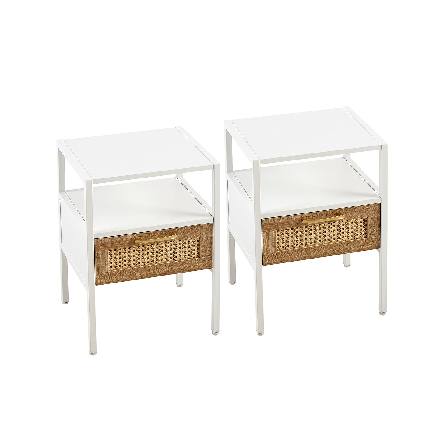 Two white metal nightstands with cane drawer fronts and gold handles