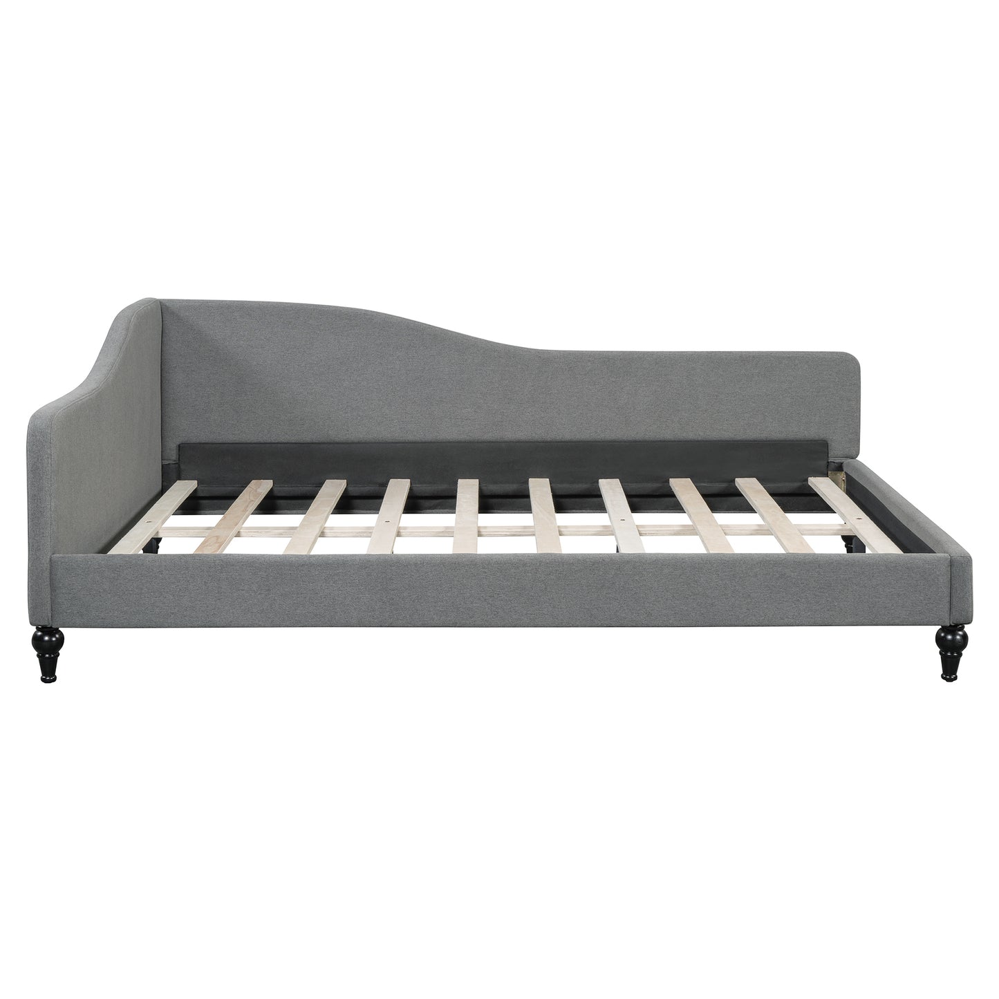 Grey fabric daybed with curved backrest and wooden slats