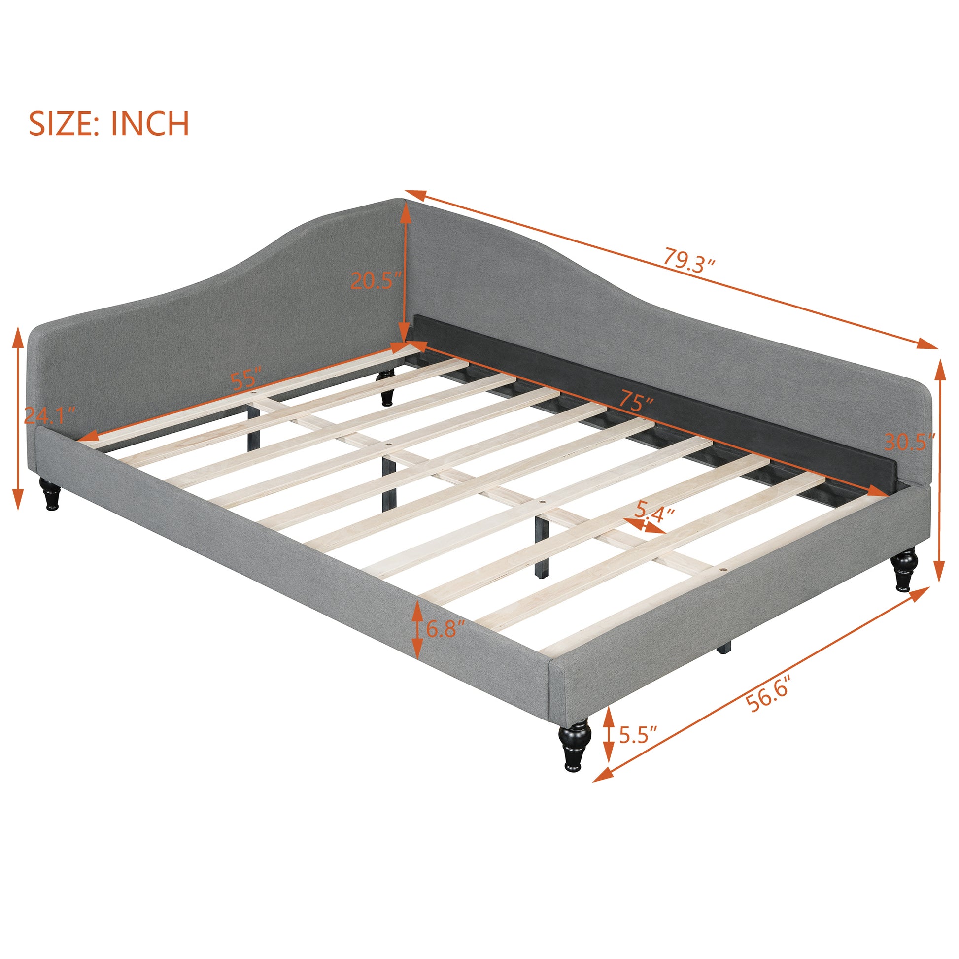 Gray upholstered daybed frame with decorative legs