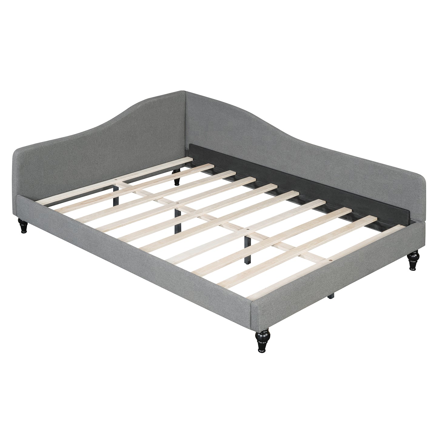 Grey upholstered daybed frame with curved headboard and wooden slats