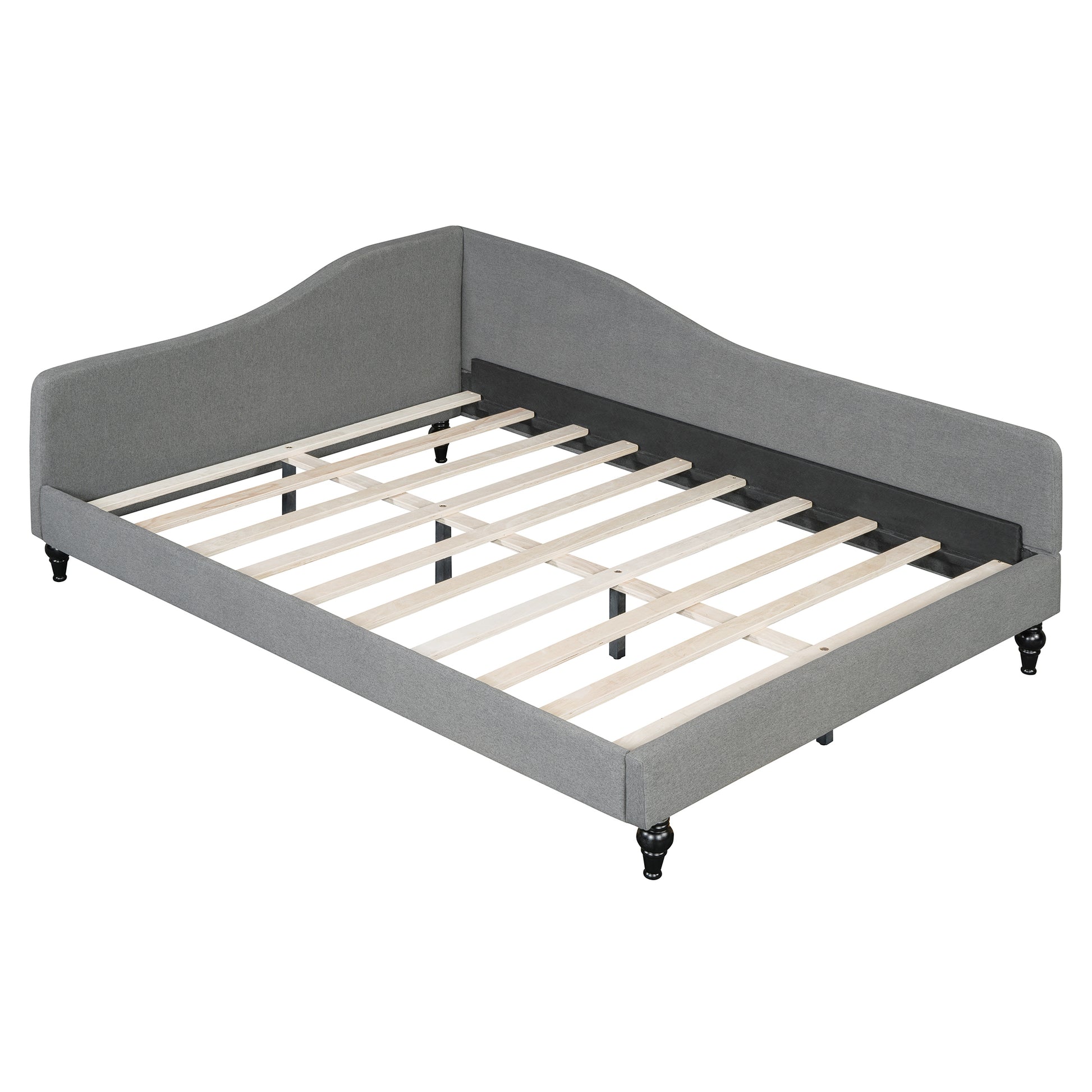 Grey upholstered daybed frame with curved headboard and wooden slats