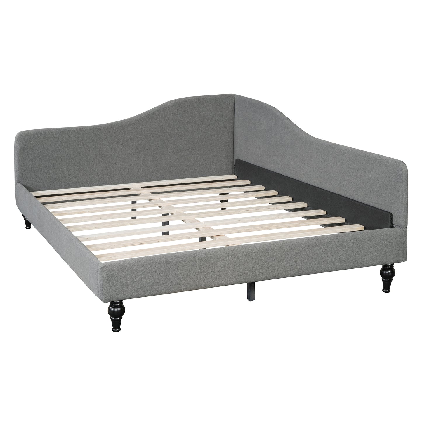 Gray fabric daybed frame with wooden slats and decorative black legs