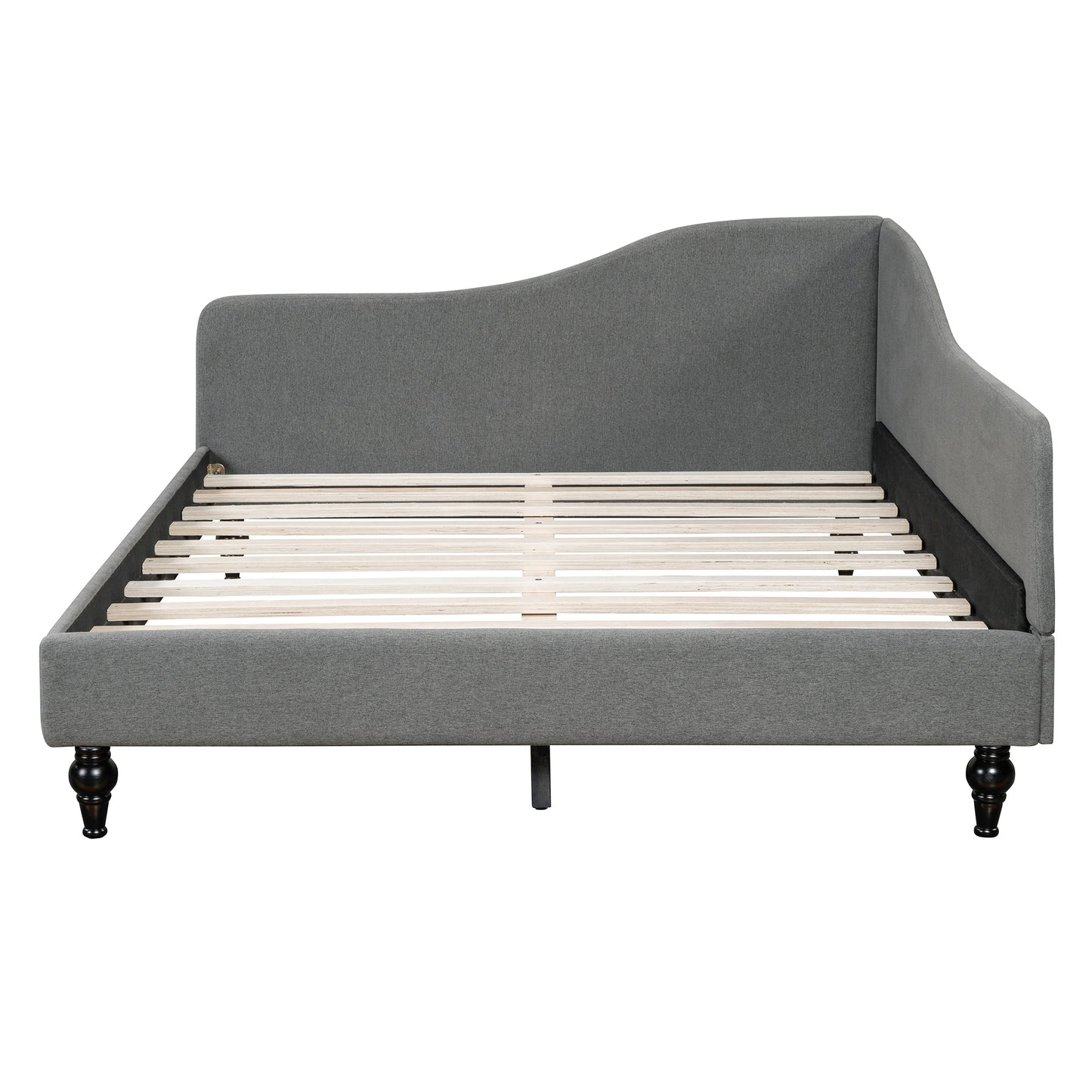Grey upholstered chaise lounge with wooden slats and dark legs
