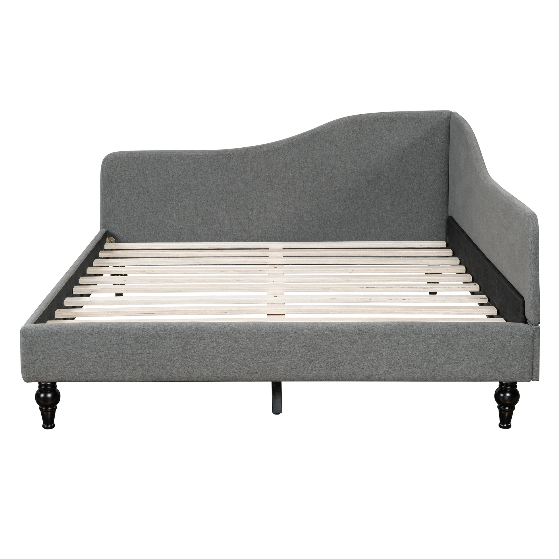 Grey upholstered chaise lounge with wooden slats and dark legs
