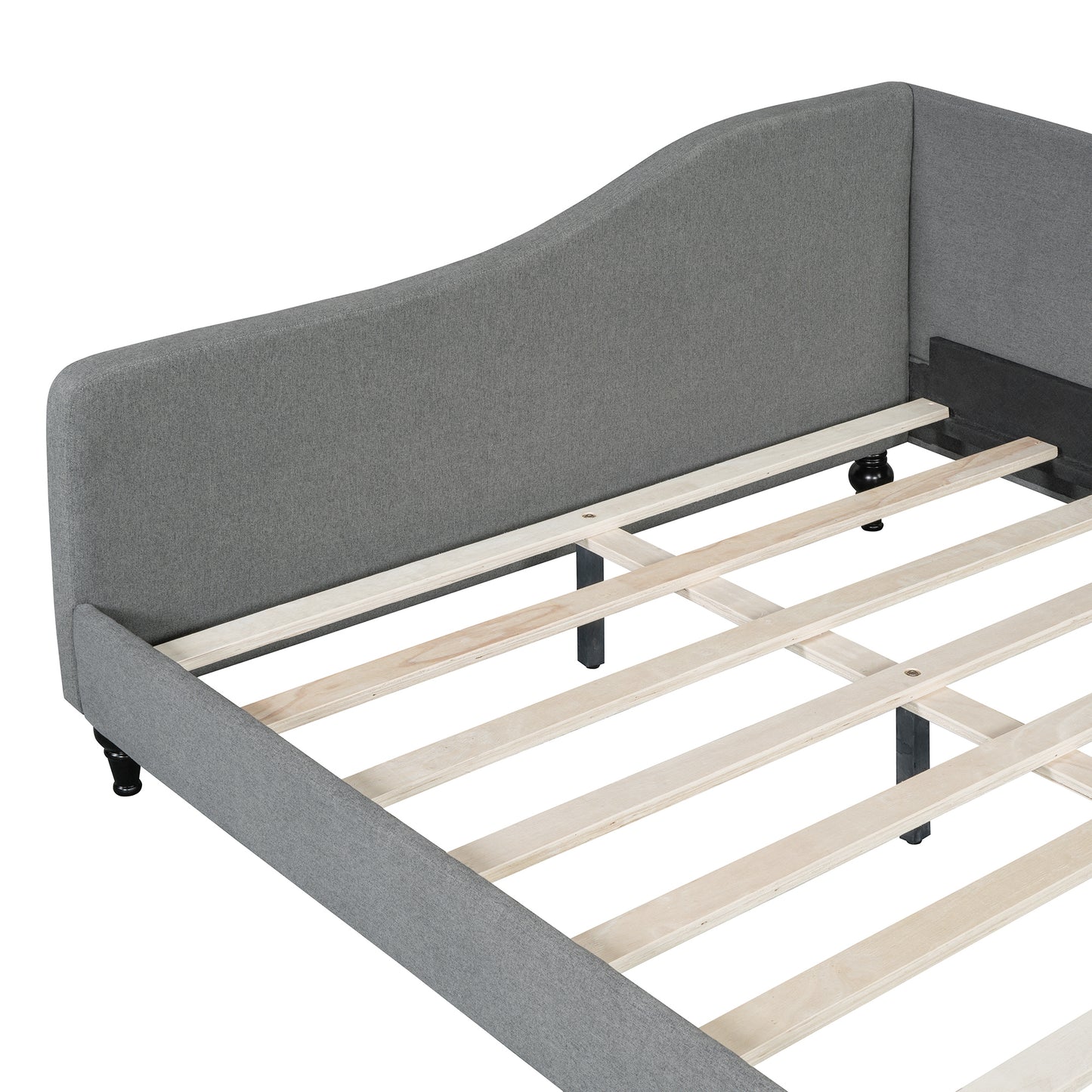 Gray upholstered bed frame with curved headboard and wooden slats