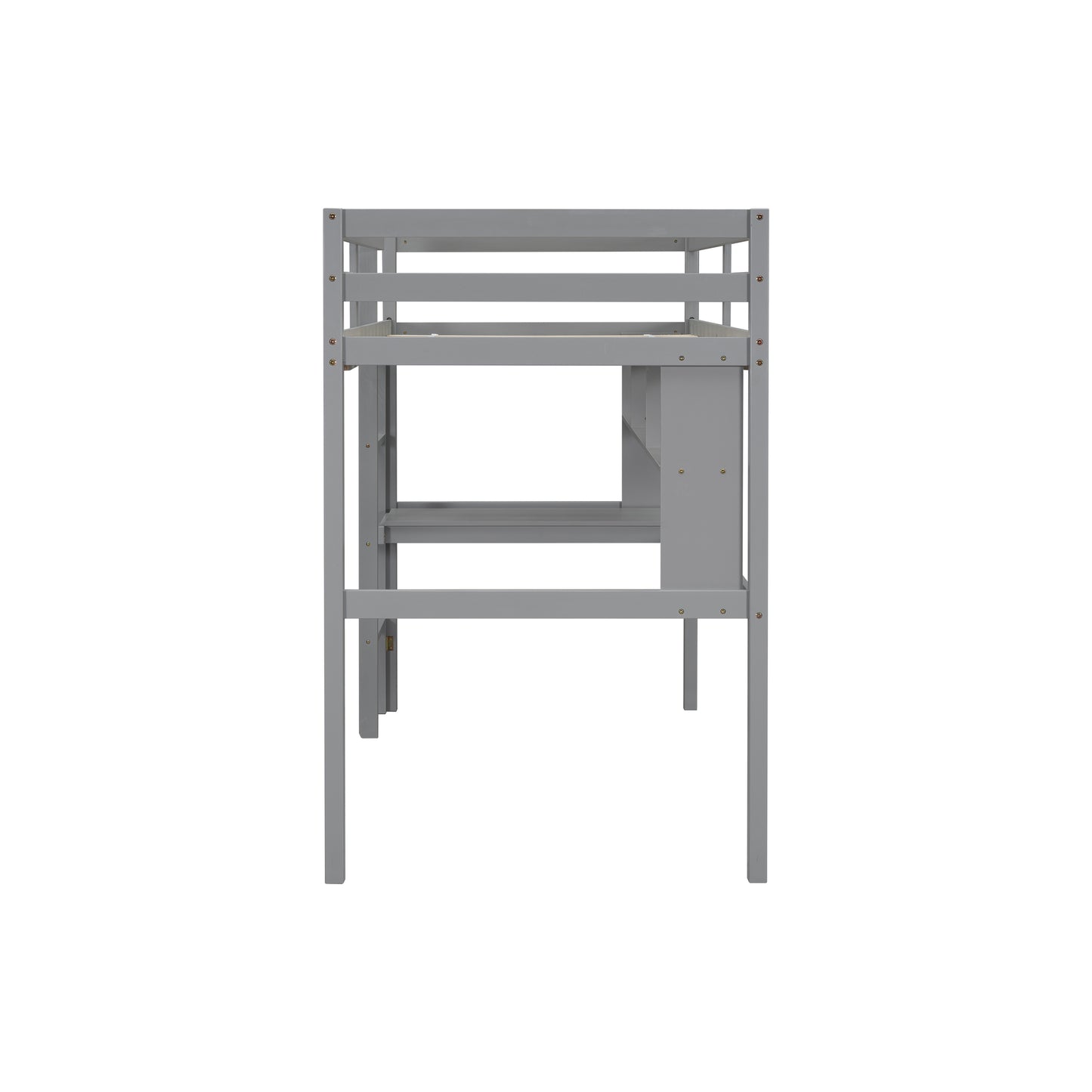 Gray wooden loft bed with desk