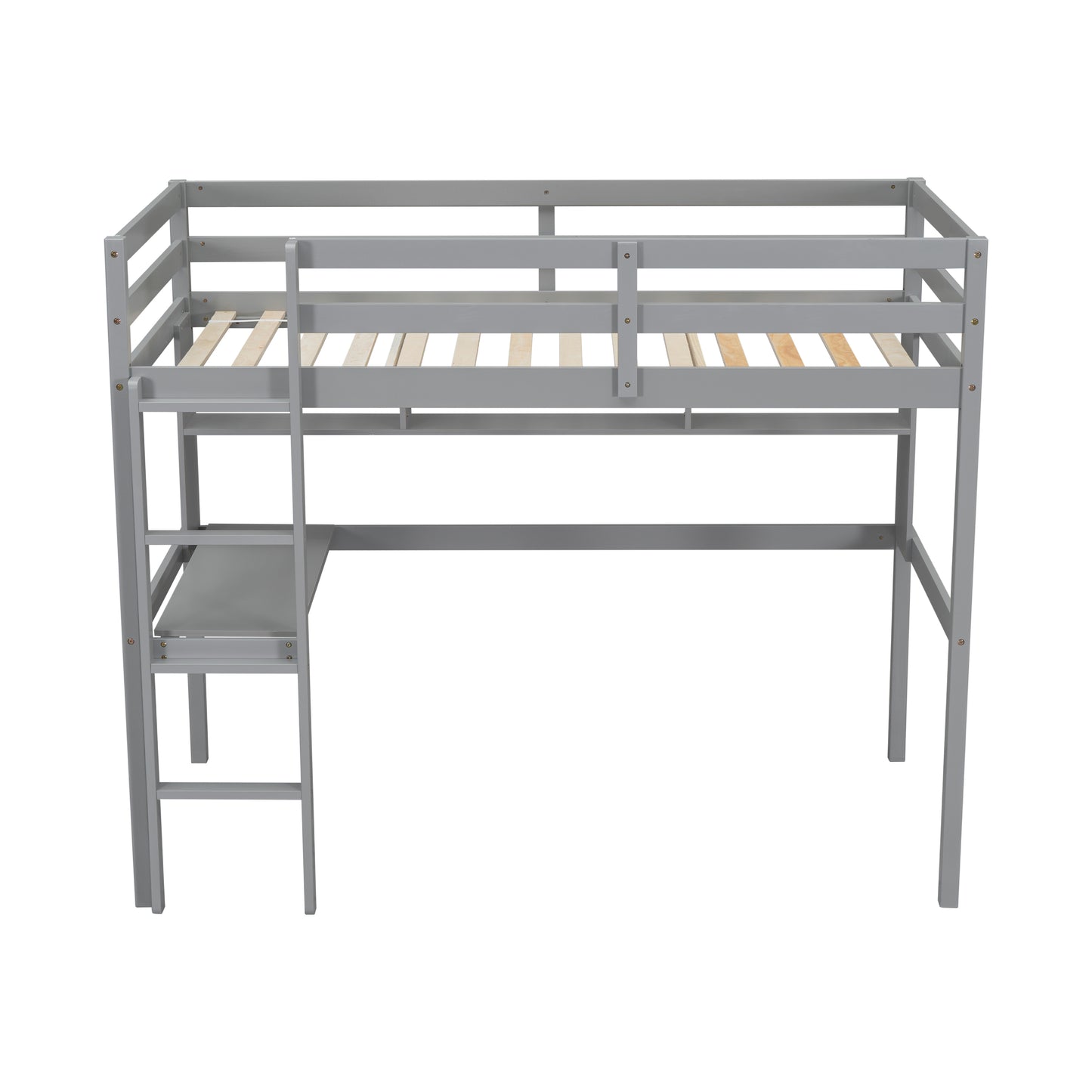 Gray wooden loft bed with integrated desk and ladder