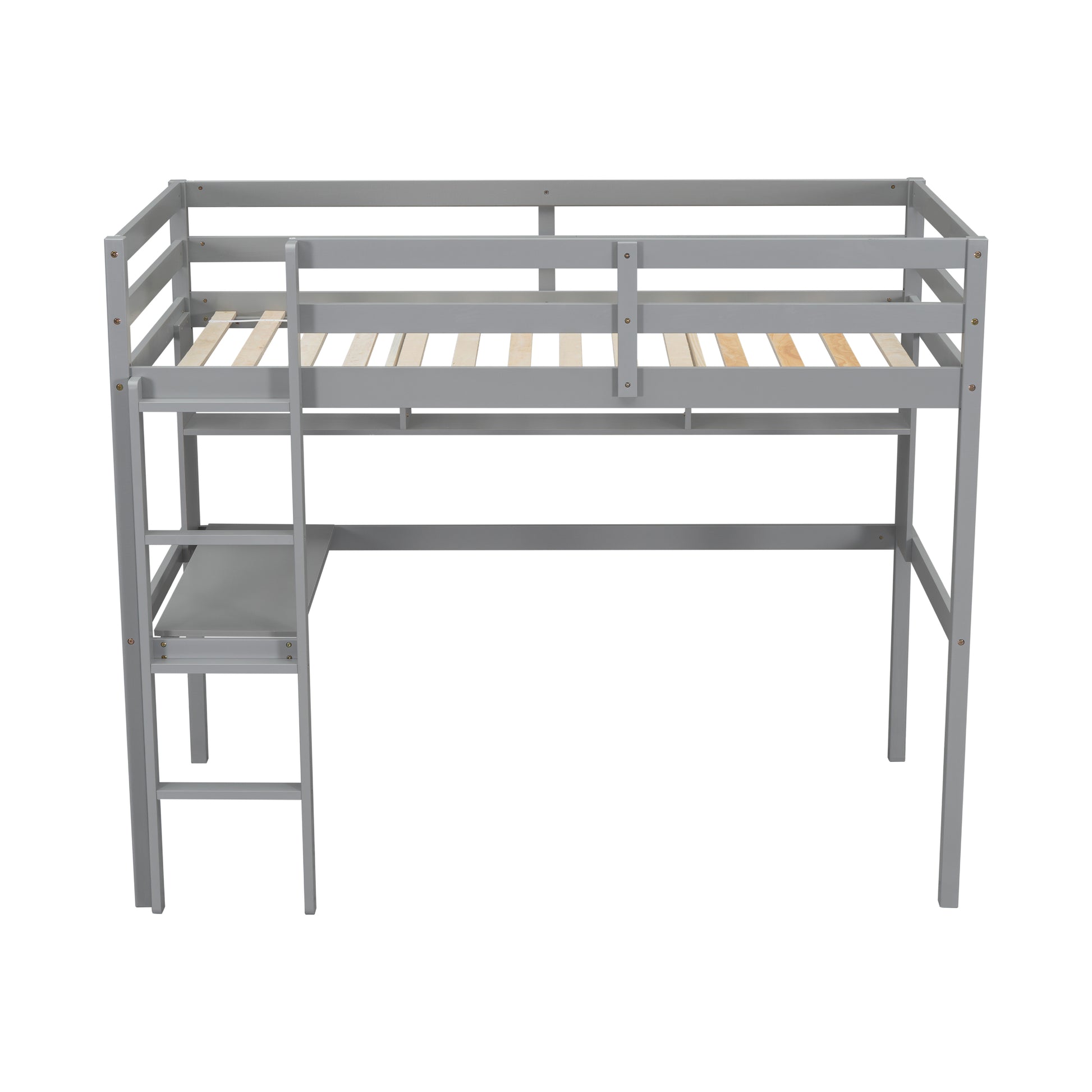 Gray wooden loft bed with integrated desk and ladder