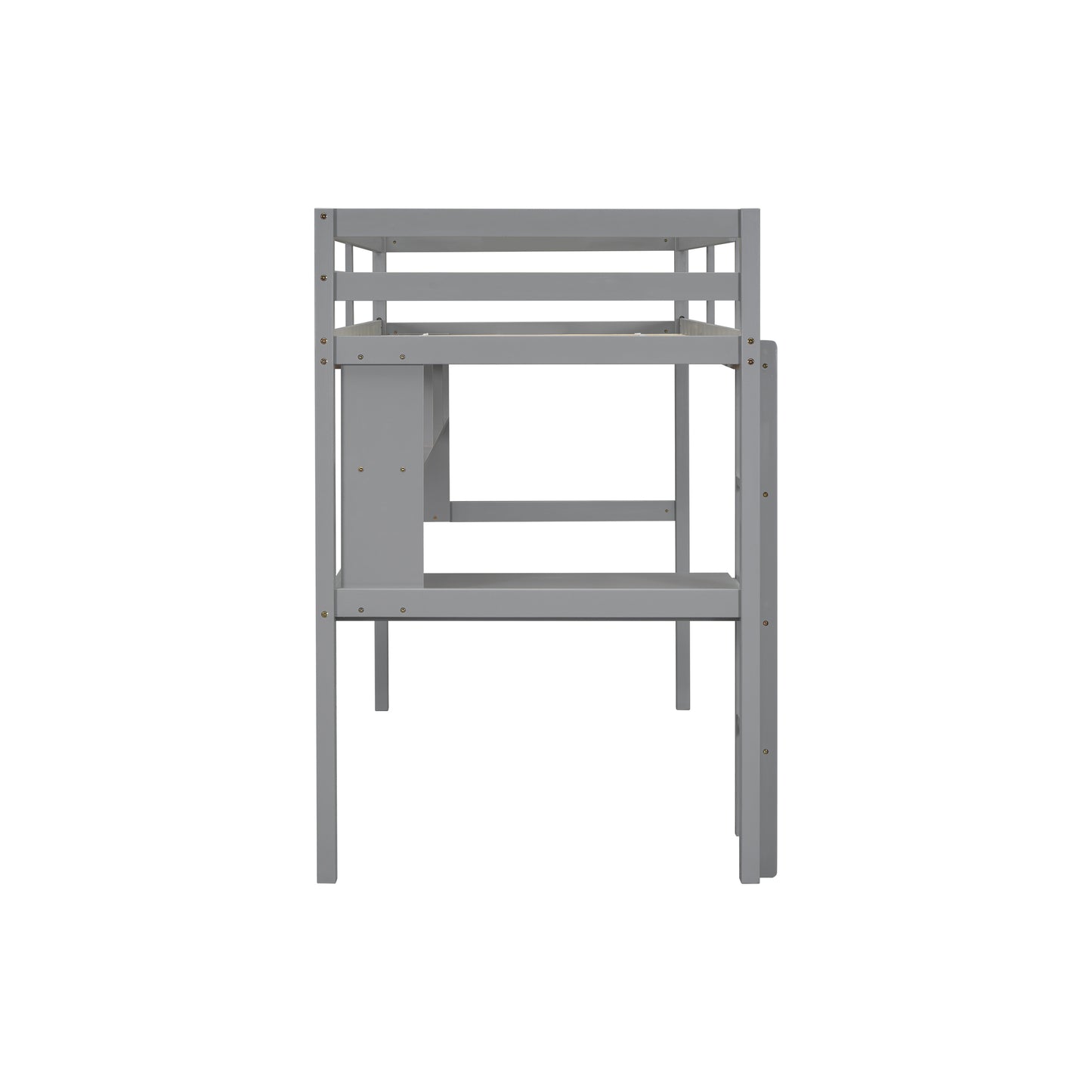 Gray wooden loft bed frame with integrated desk and shelving