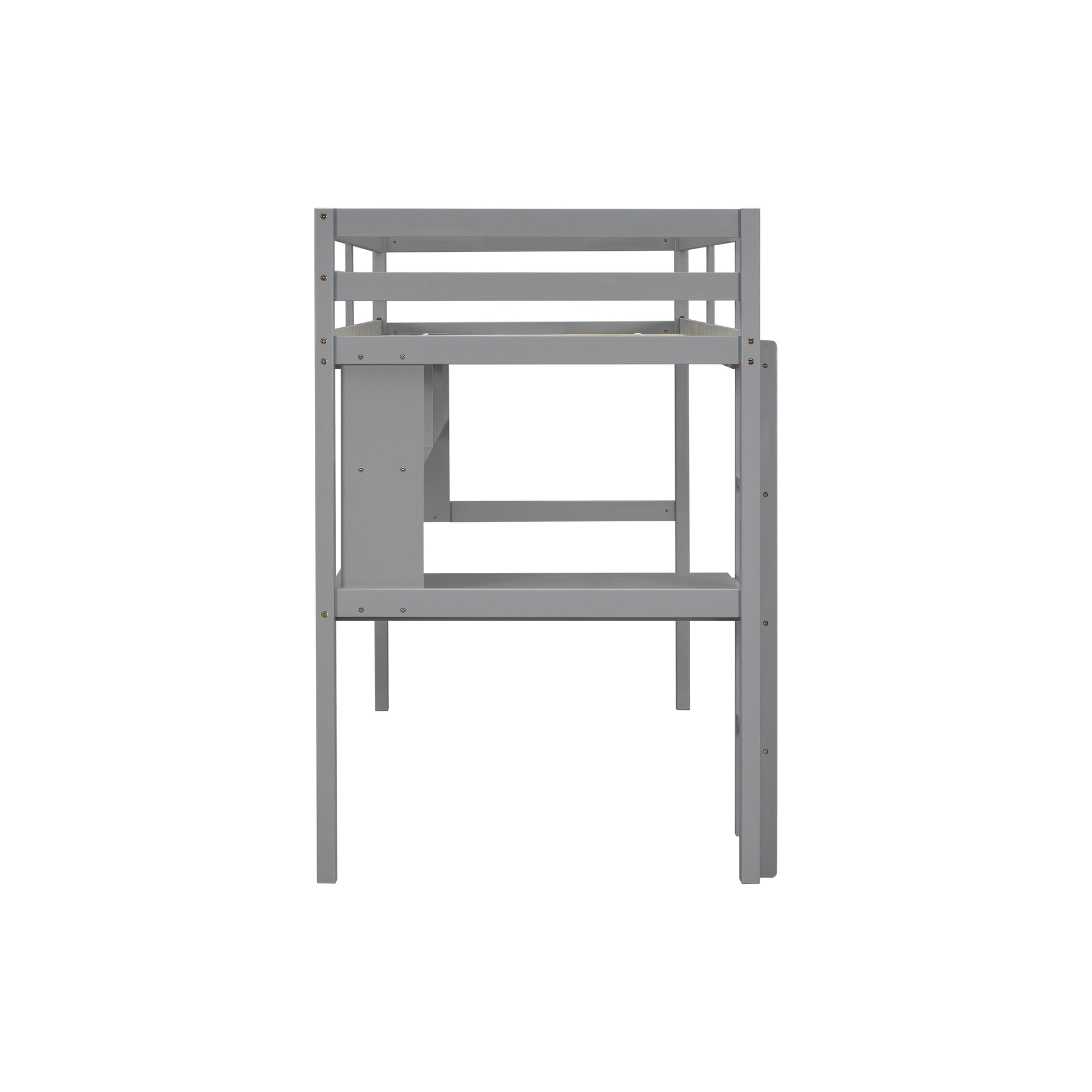 Gray wooden loft bed frame with integrated desk and shelving
