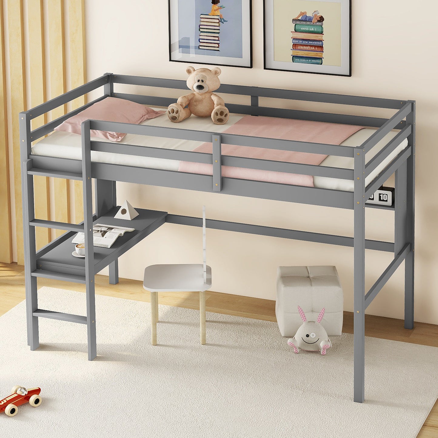 Grey metal loft bed with integrated desk and ladder for kids