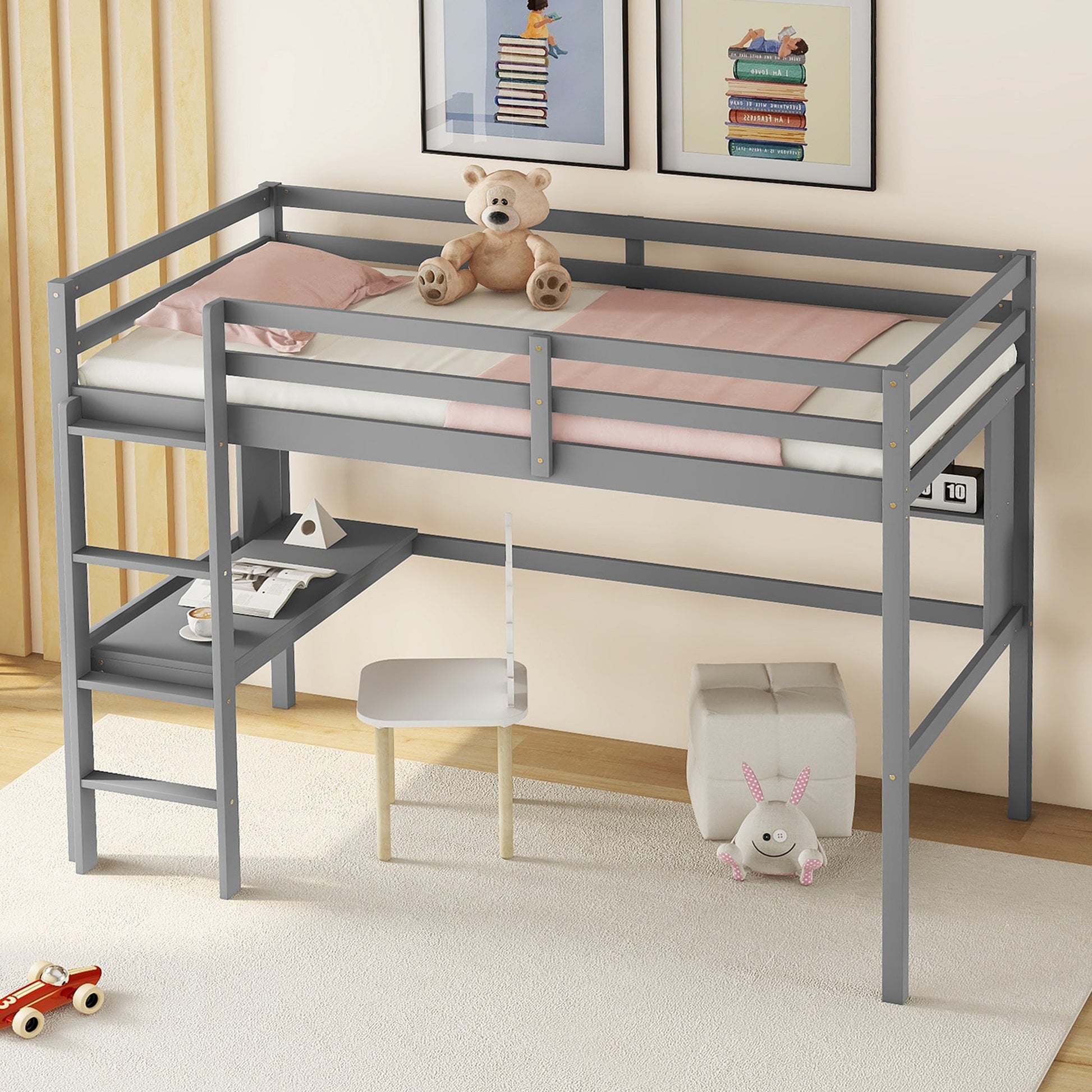 Grey metal loft bed with integrated desk and ladder for kids