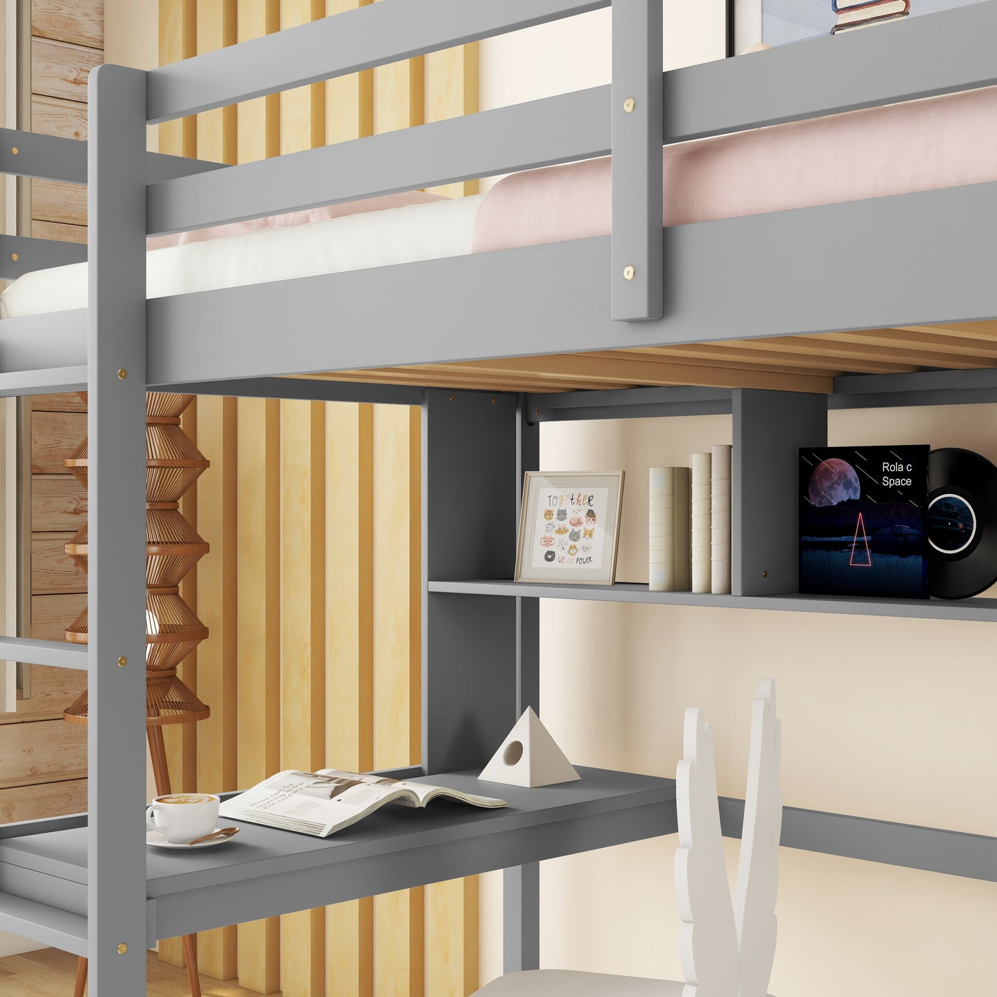 Gray metal loft bed with integrated desk and shelves