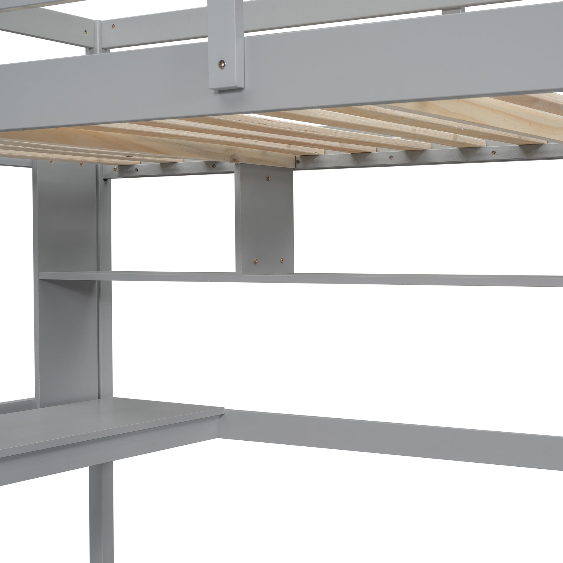 Gray wooden loft bed frame detail with integrated desk
