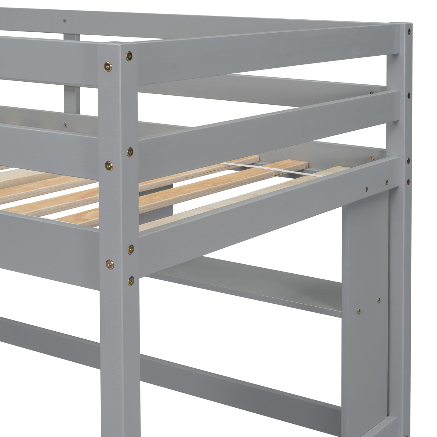 Gray wood loft bed frame with wooden slats visible