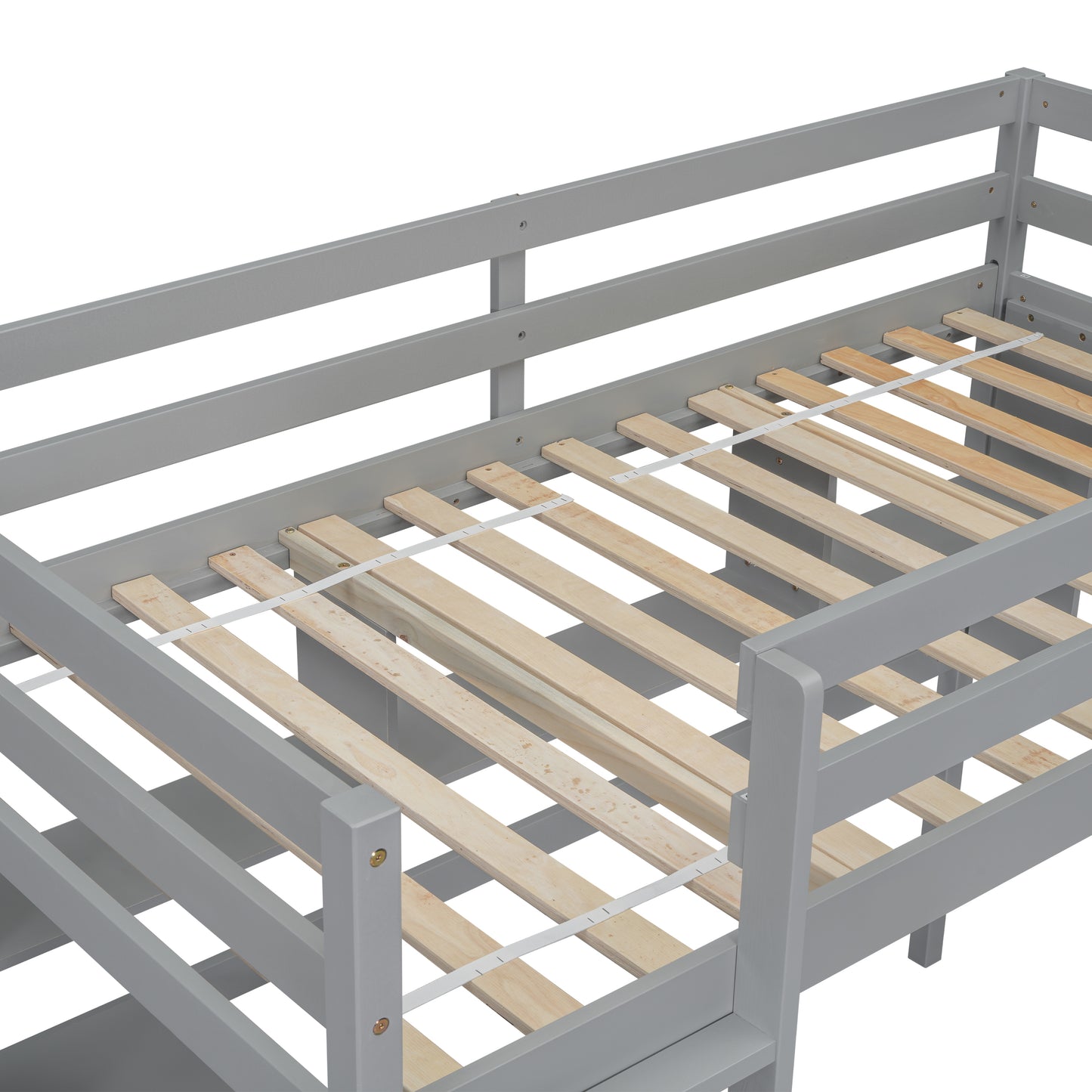 Gray wooden bunk bed frame with slatted base