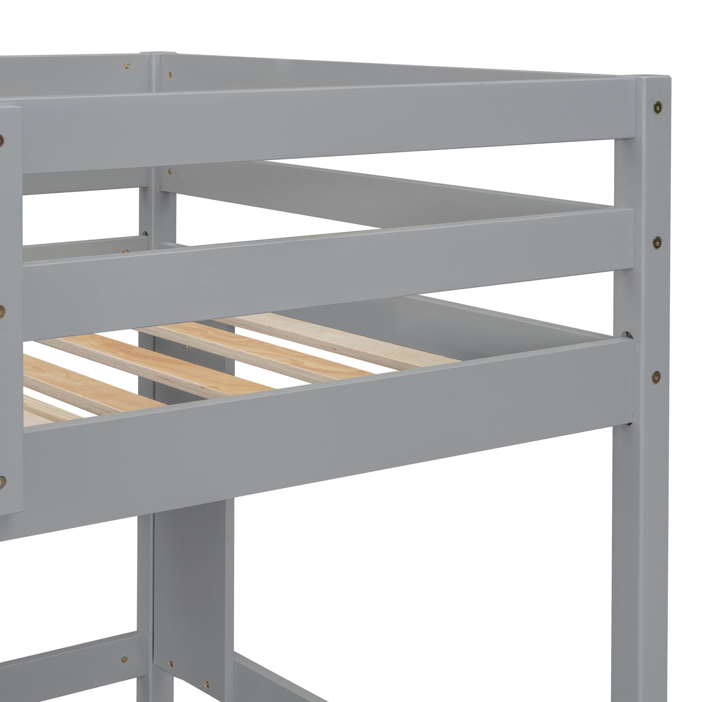 Closeup of grey wood bunk bed frame with exposed slats