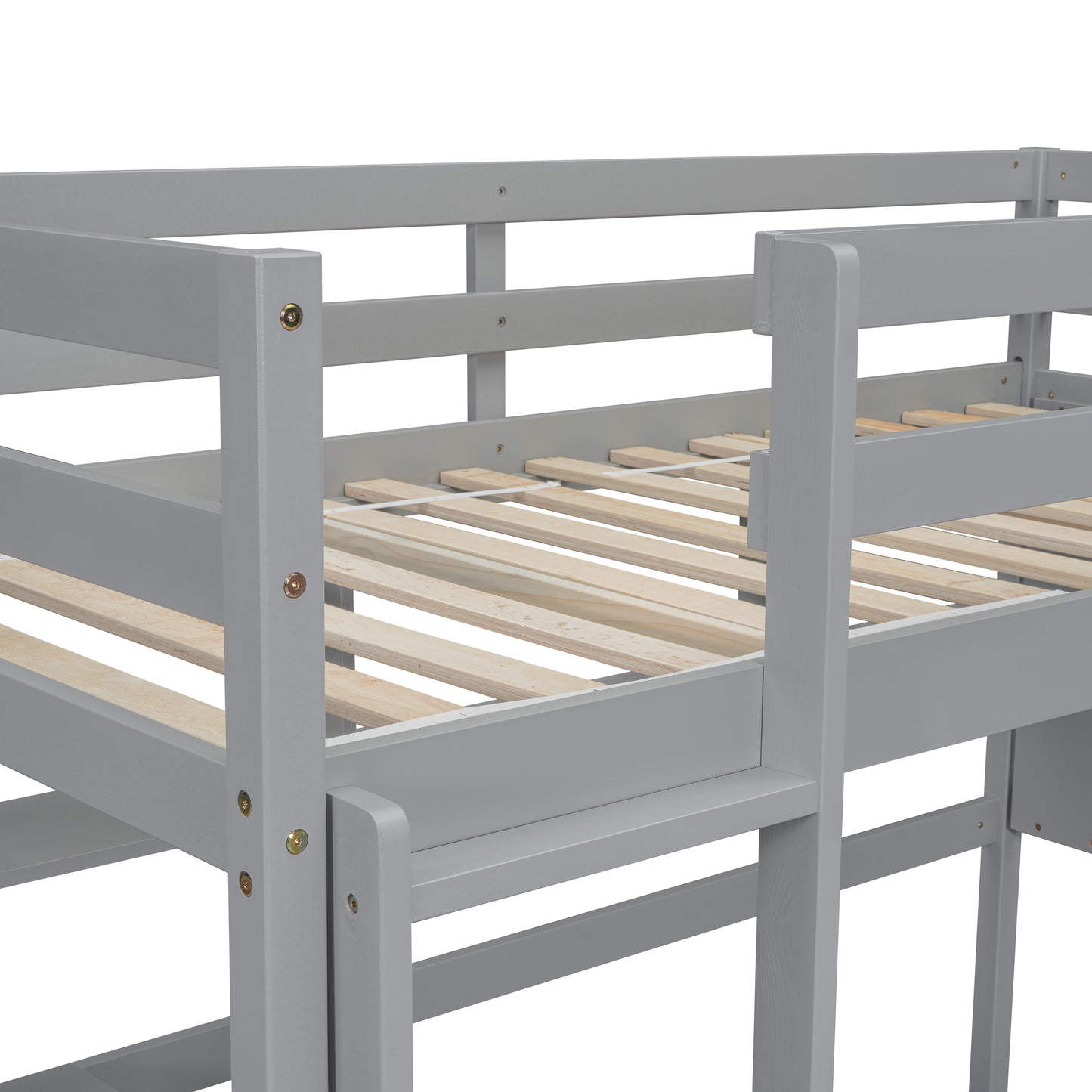 Gray wooden bunk bed frame detail showing slats