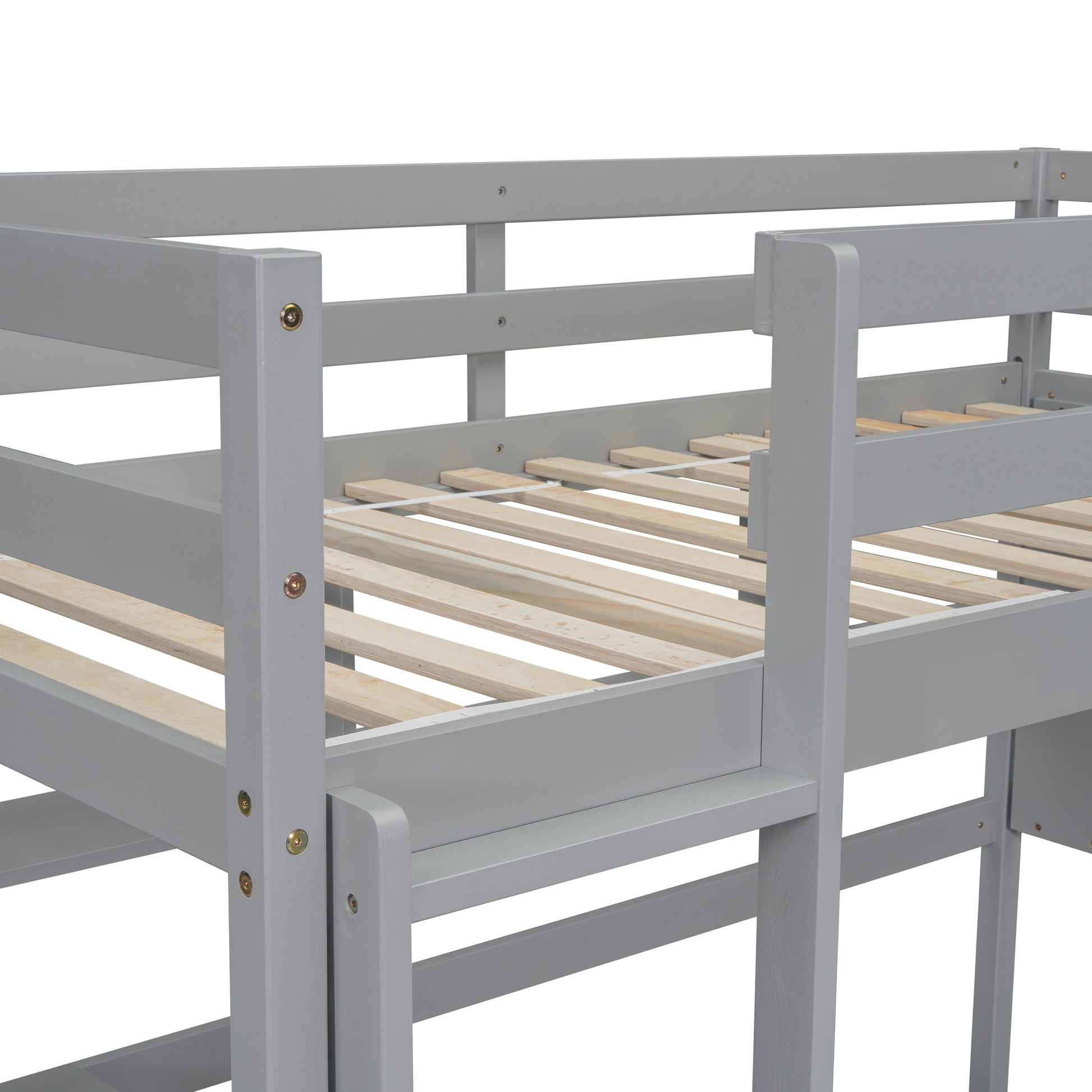 Gray wooden bunk bed frame detail showing slats