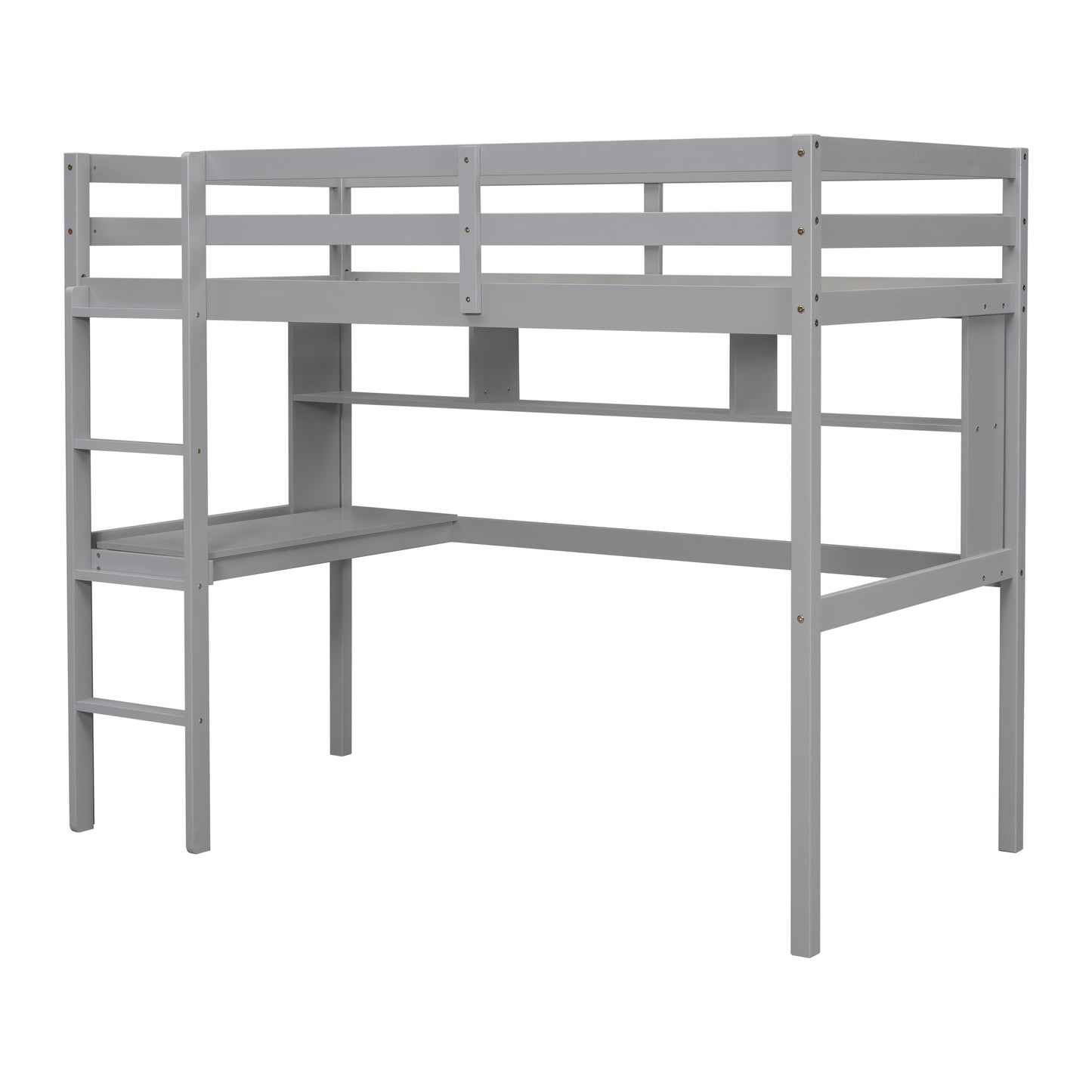 Gray wooden bunk bed with integrated desk and ladder