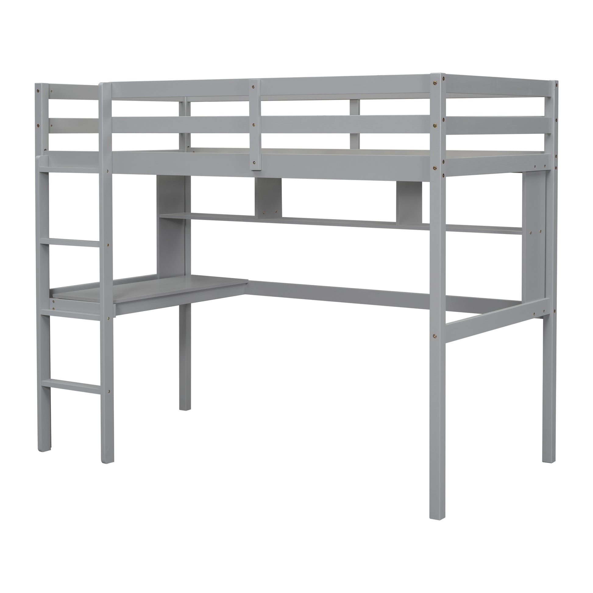 Gray wooden bunk bed with integrated desk and ladder