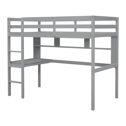 Gray wooden bunk bed with integrated desk and ladder