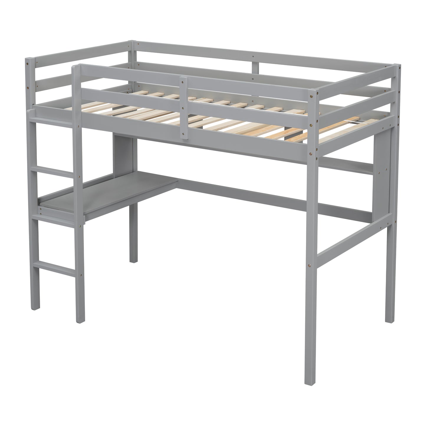 Gray wooden loft bed with desk and ladder