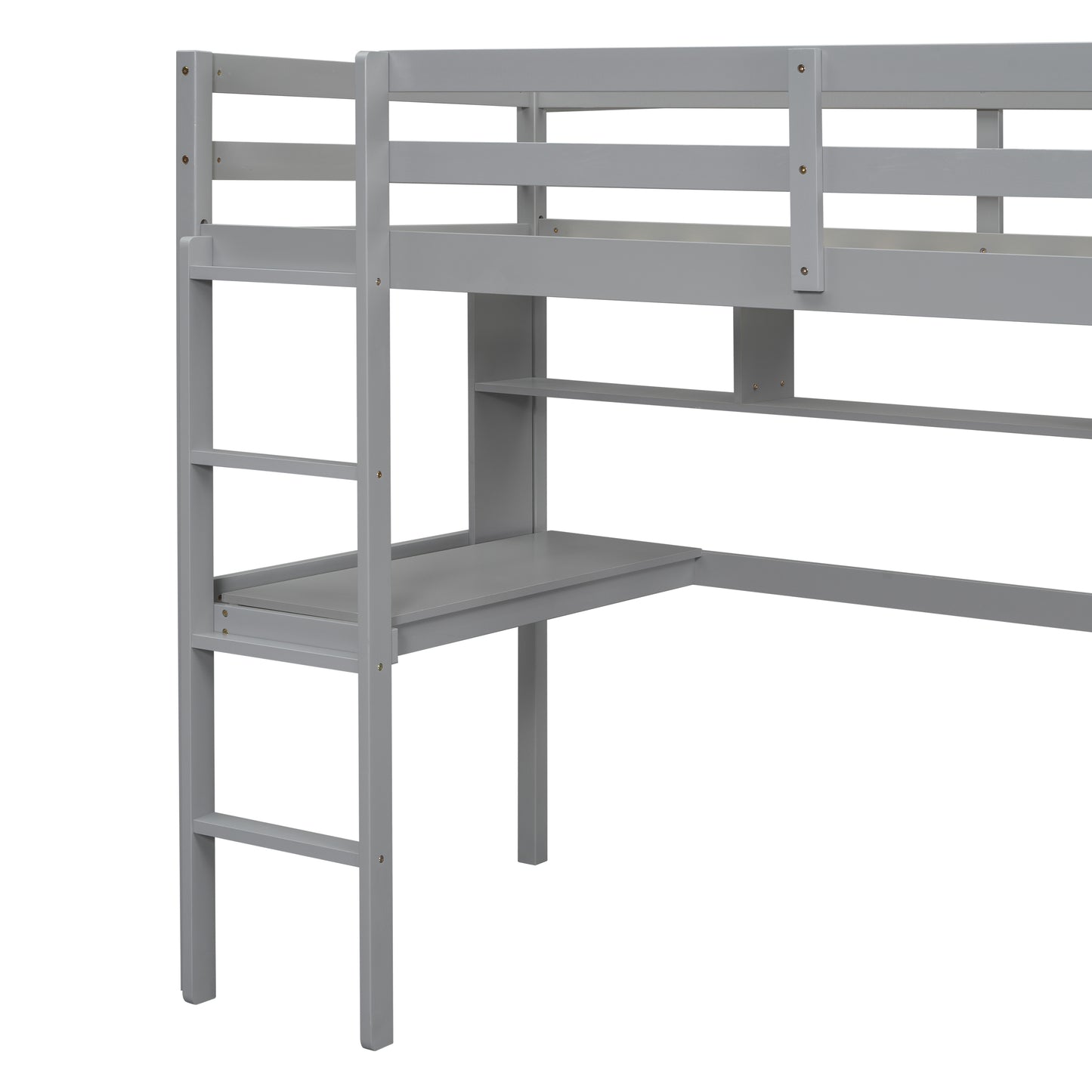 Gray wooden loft bed with integrated desk and ladder