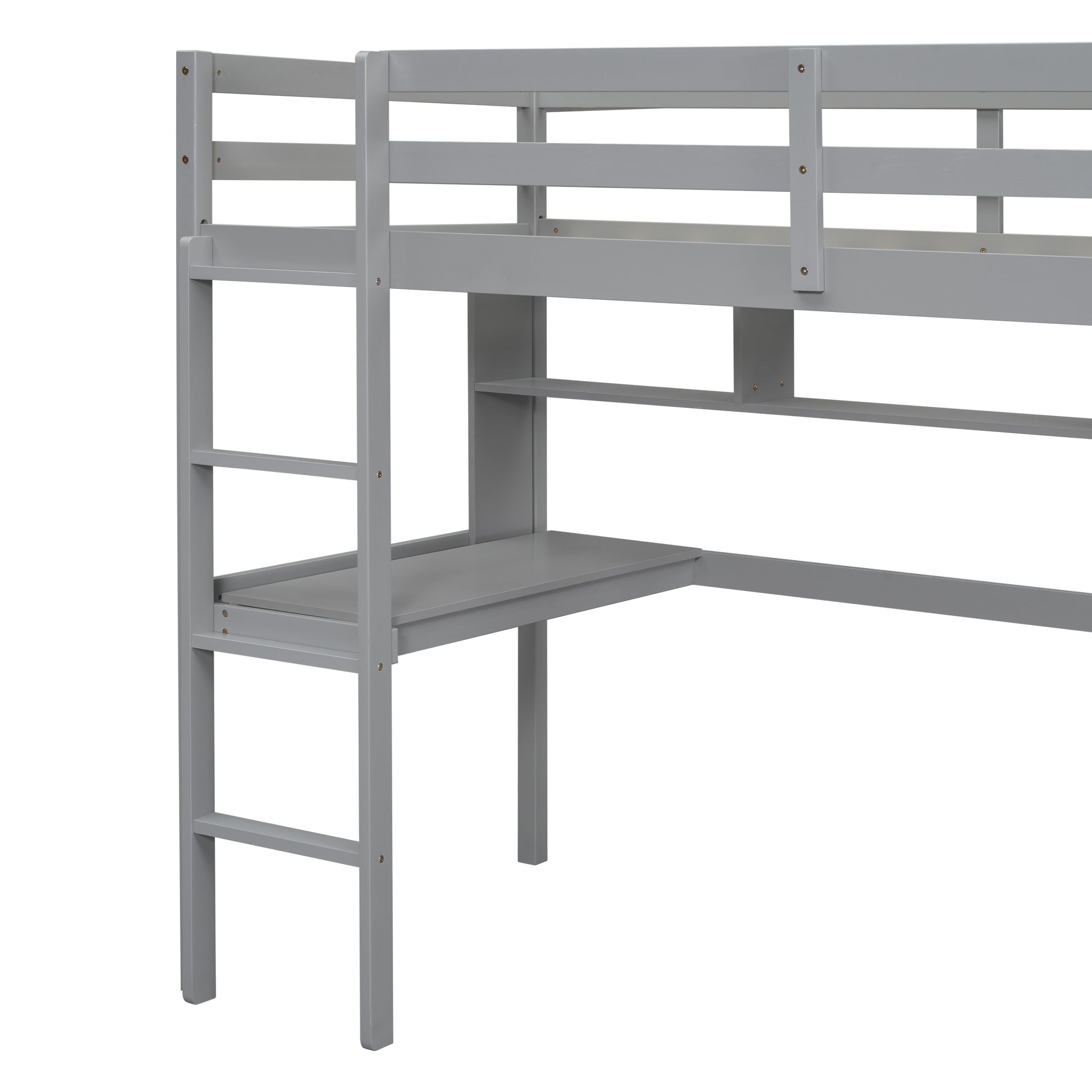Gray wooden loft bed with integrated desk and ladder