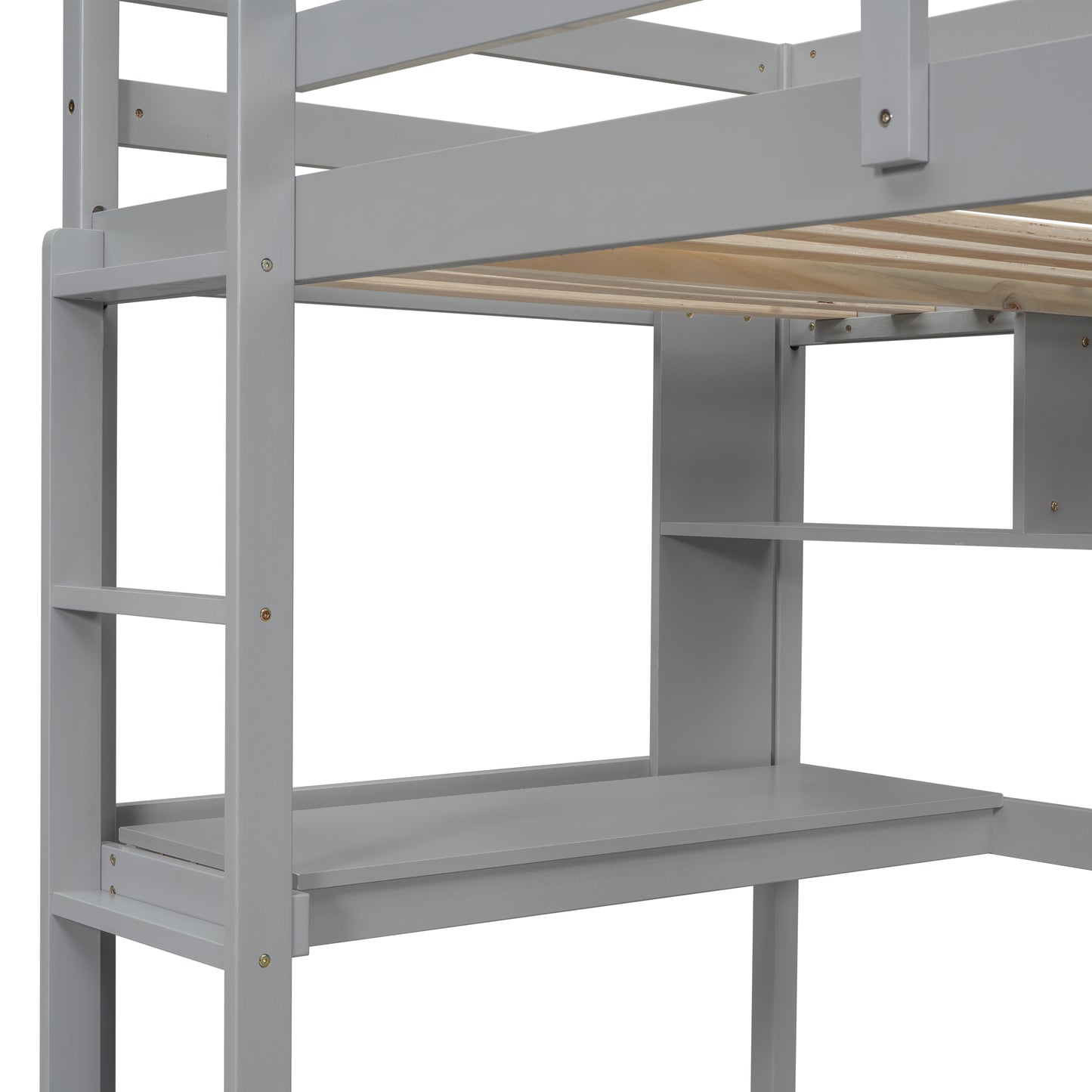Closeup of a gray wooden bunk bed frame with integrated desk and shelving for childrens room