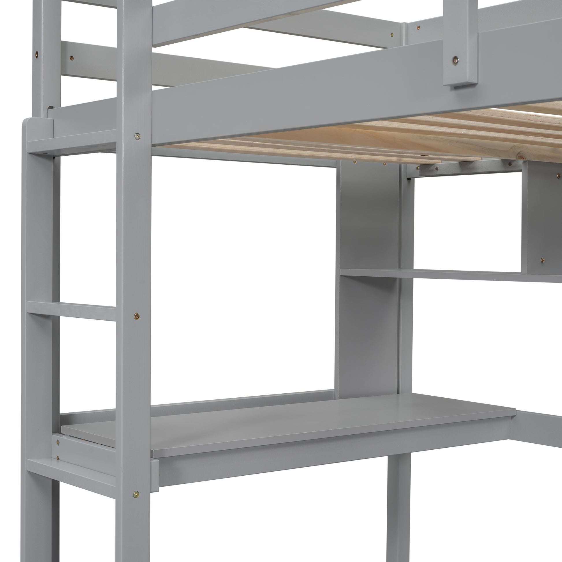 Closeup of a gray wooden bunk bed frame with integrated desk and shelving for childrens room