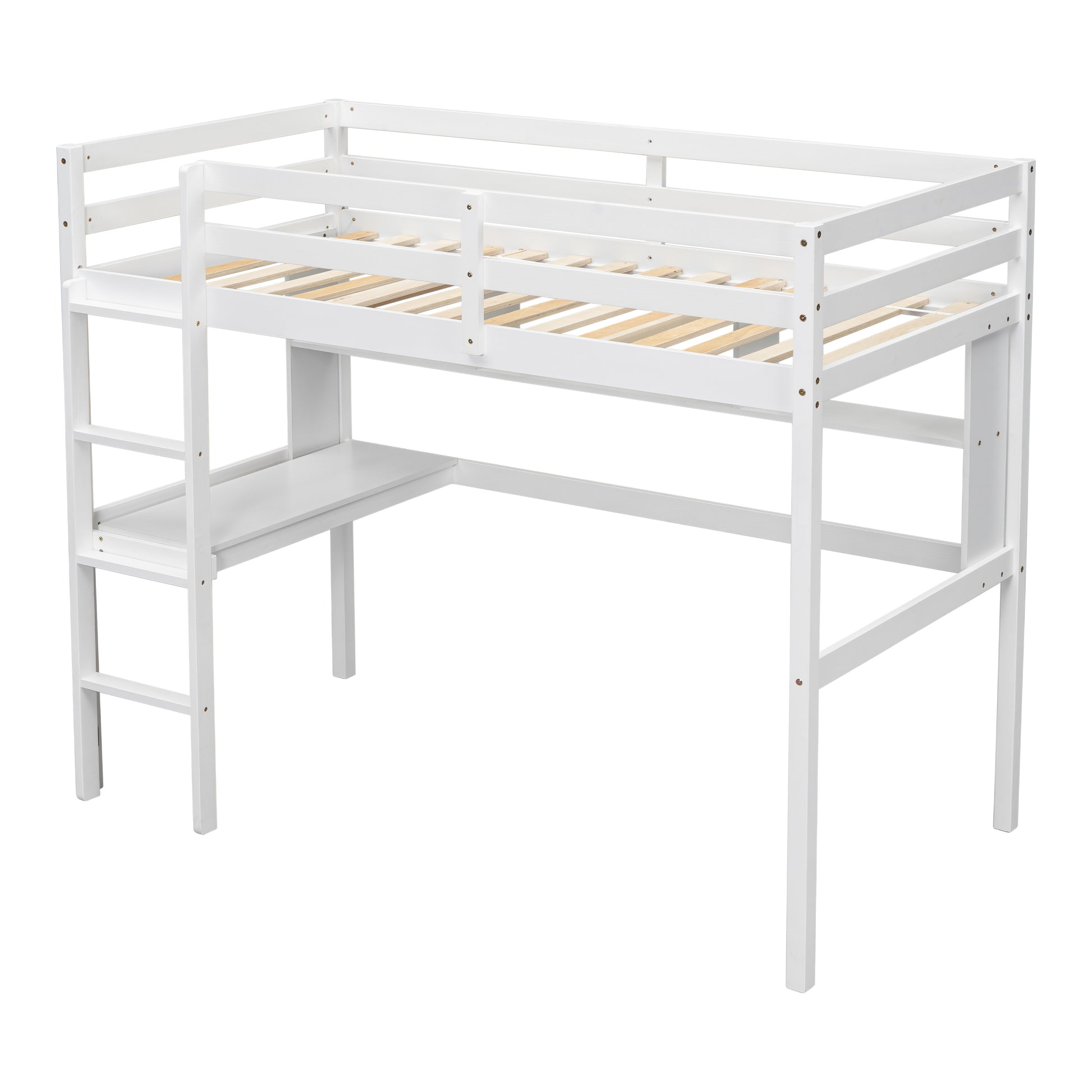 White wooden loft bed with desk and ladder
