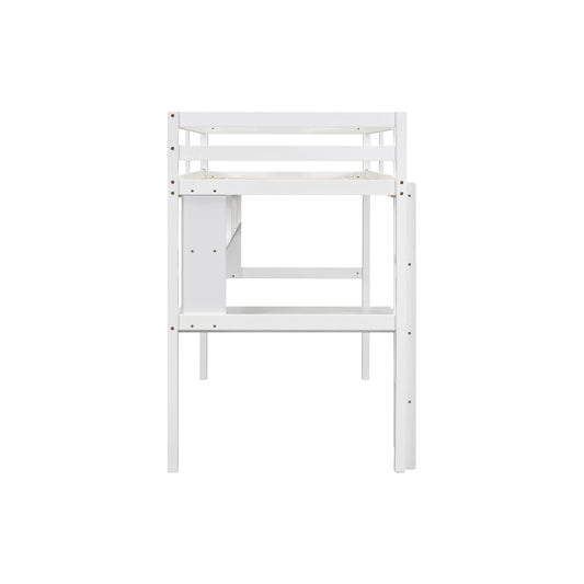 White wooden bunk bed frame with integrated desk