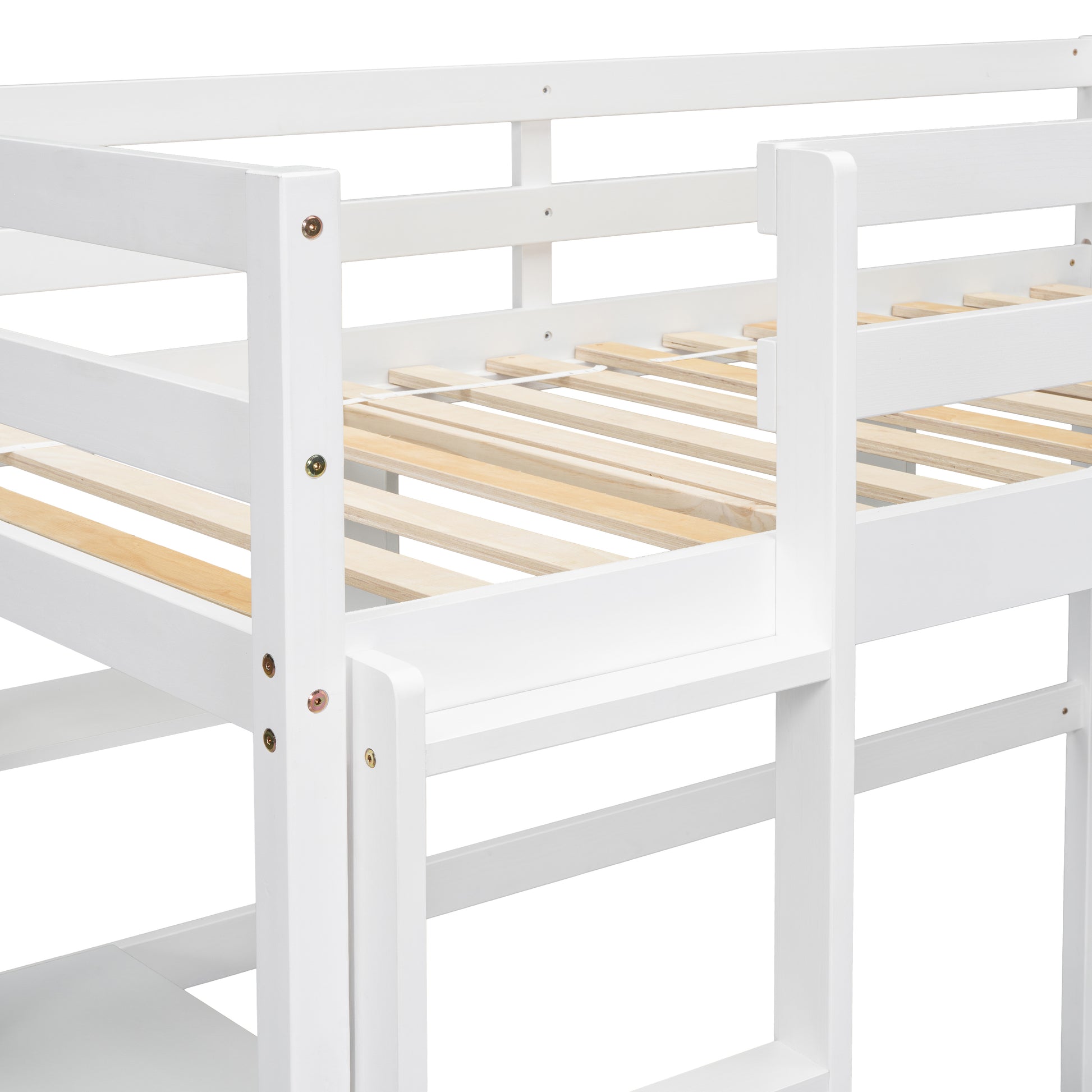 White wooden loft bed frame detail with slatted base