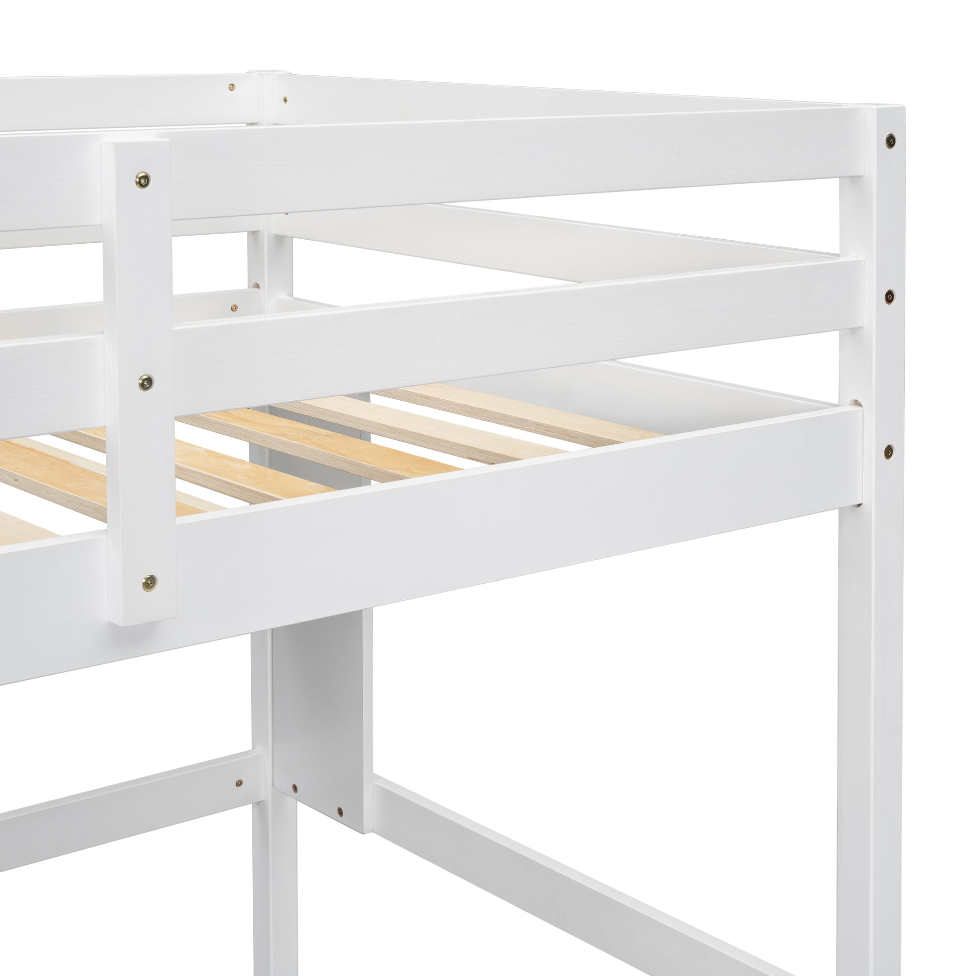 Closeup of a white wooden loft bed frame with visible slats