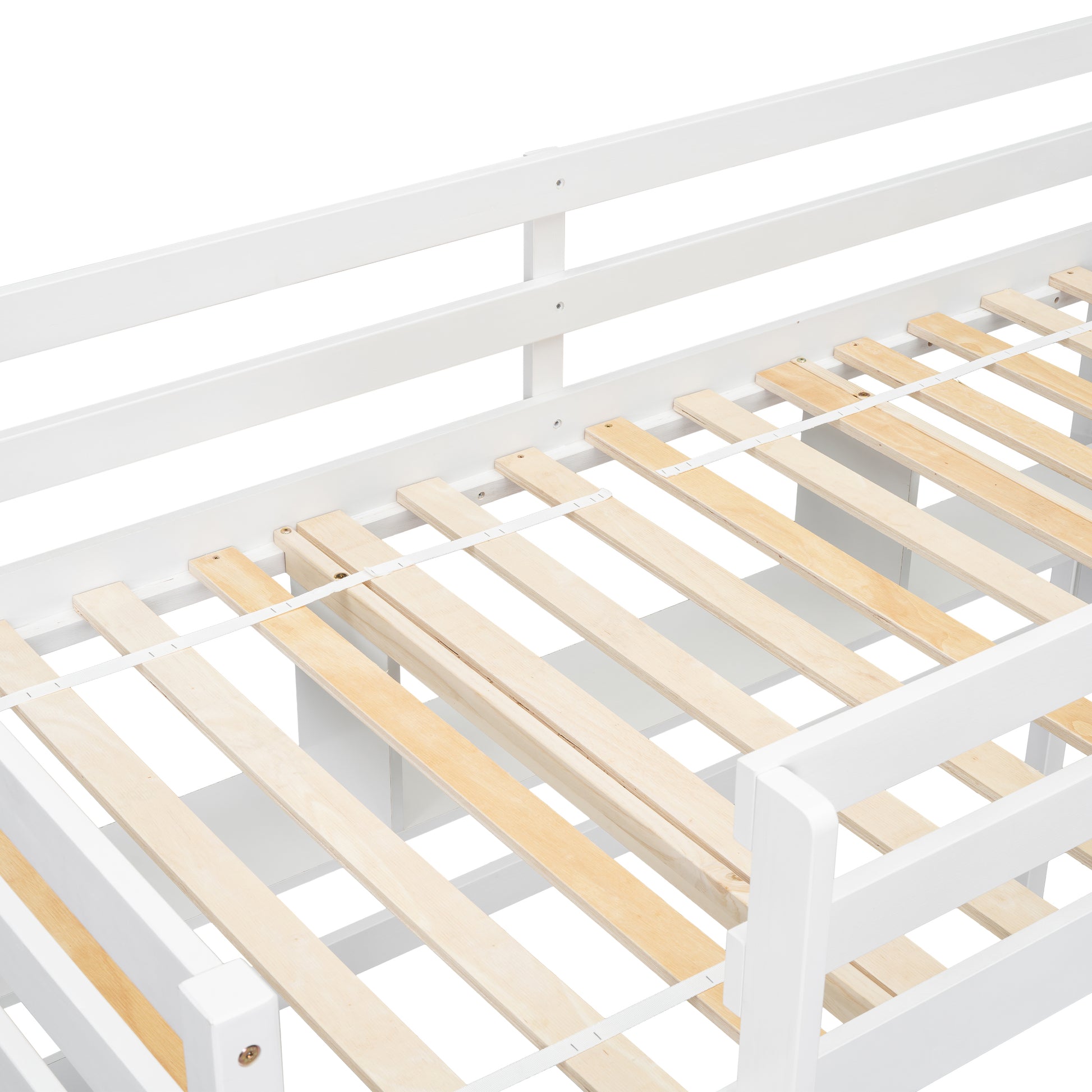 White twin bed frame with wooden slats