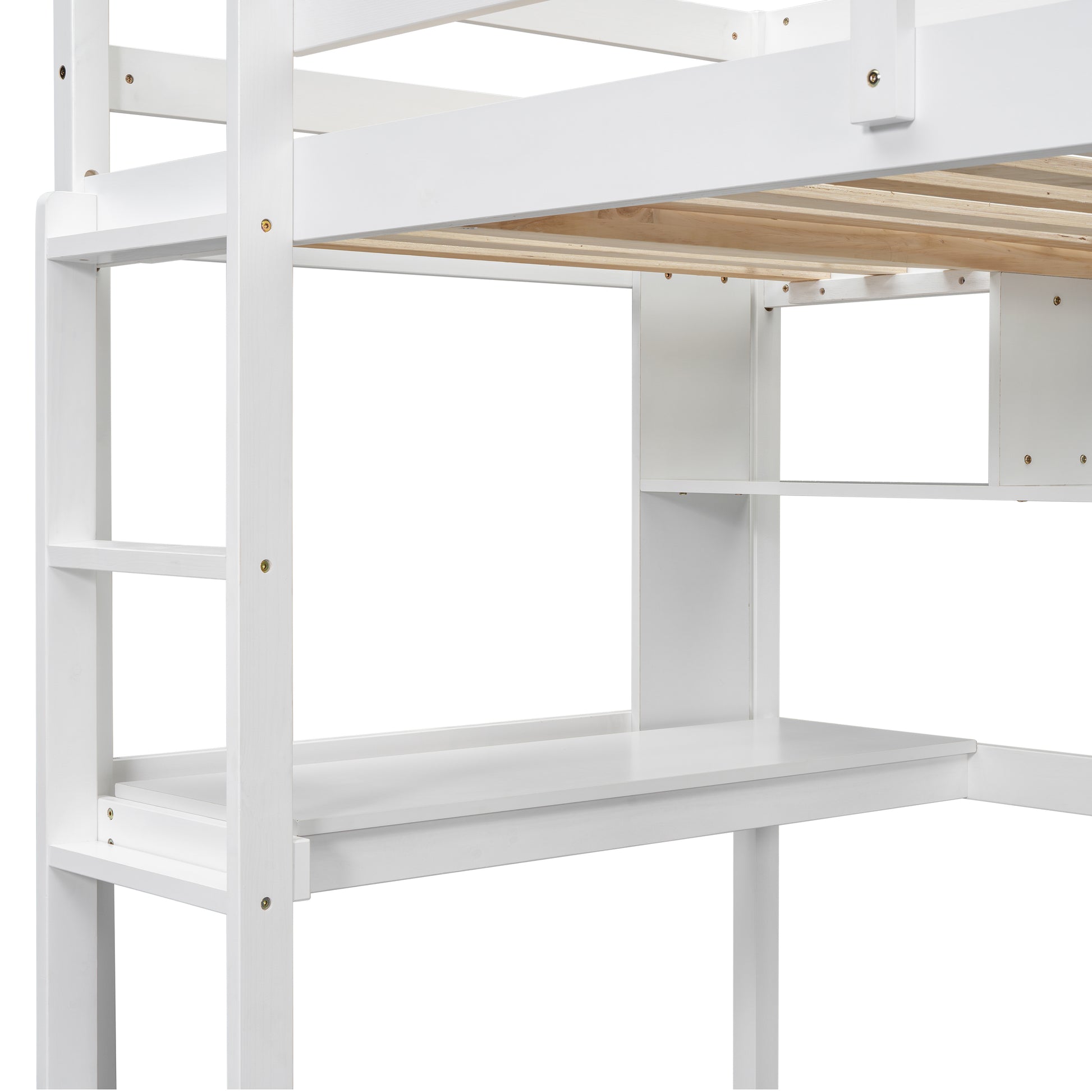 White wooden loft bed frame with desk and shelf