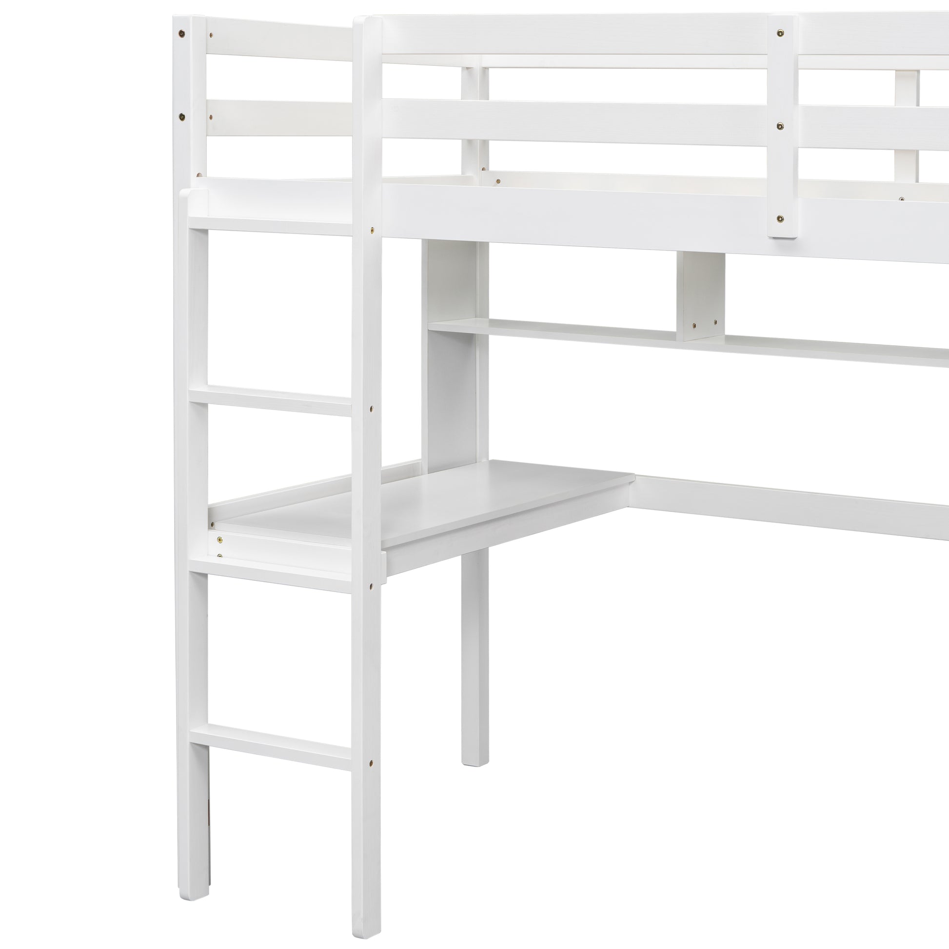 White wooden loft bed with integrated desk and ladder