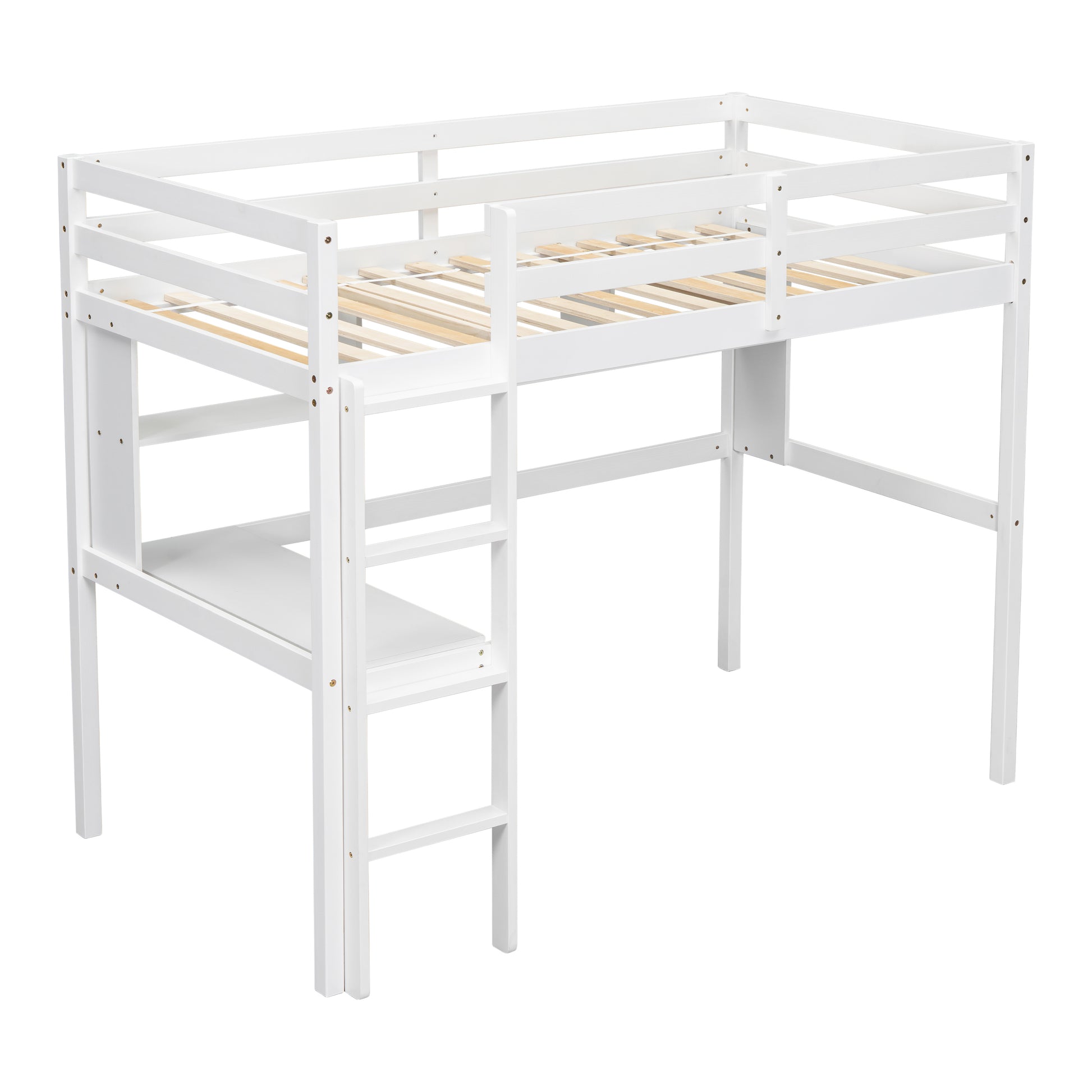 White wooden loft bed with ladder and shelf