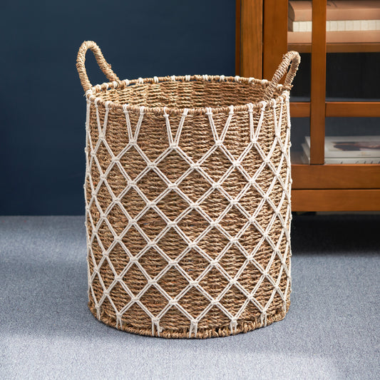 Woven seagrass storage basket with macrame detail and rope handles
