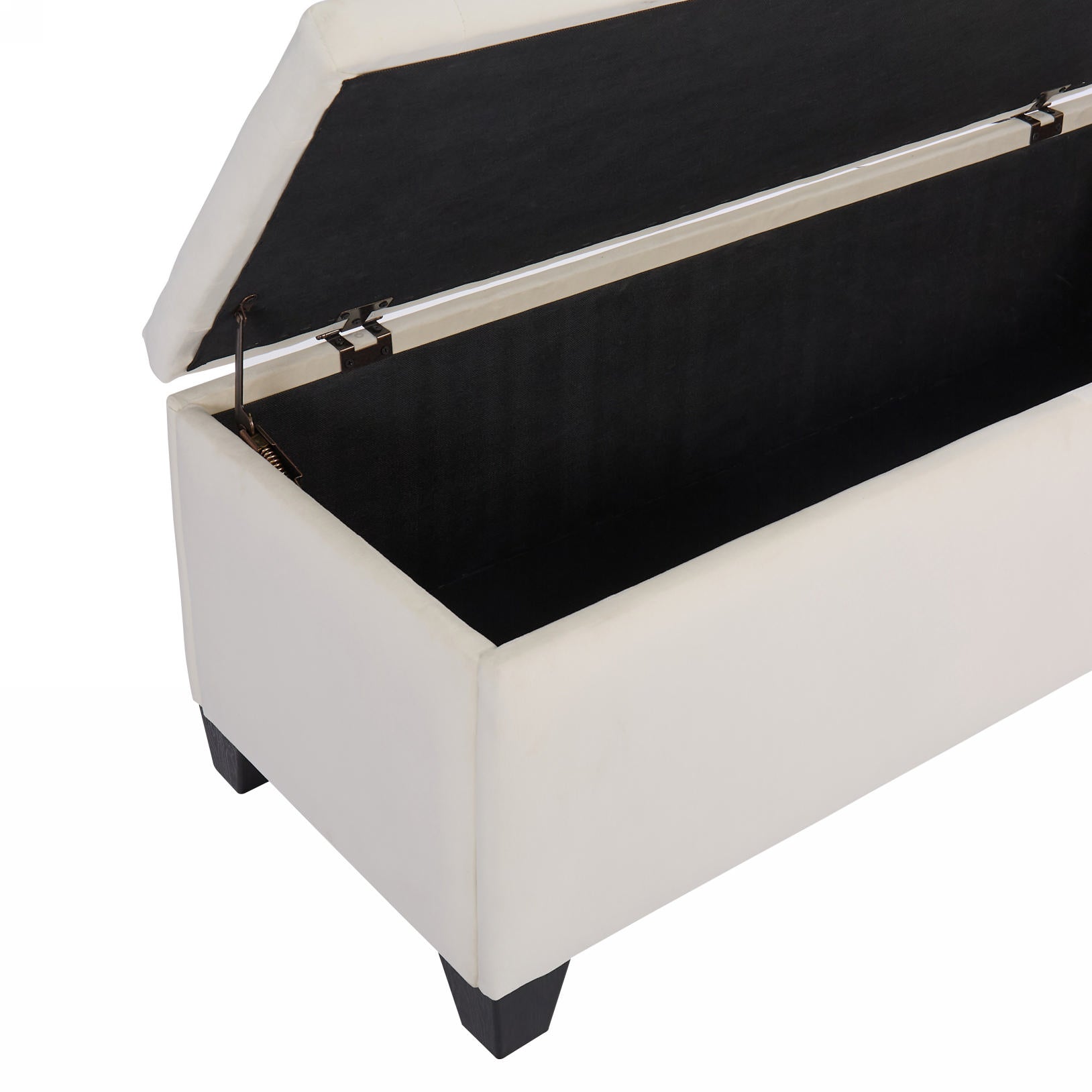 Cream velvet storage ottoman with open lid and black interior