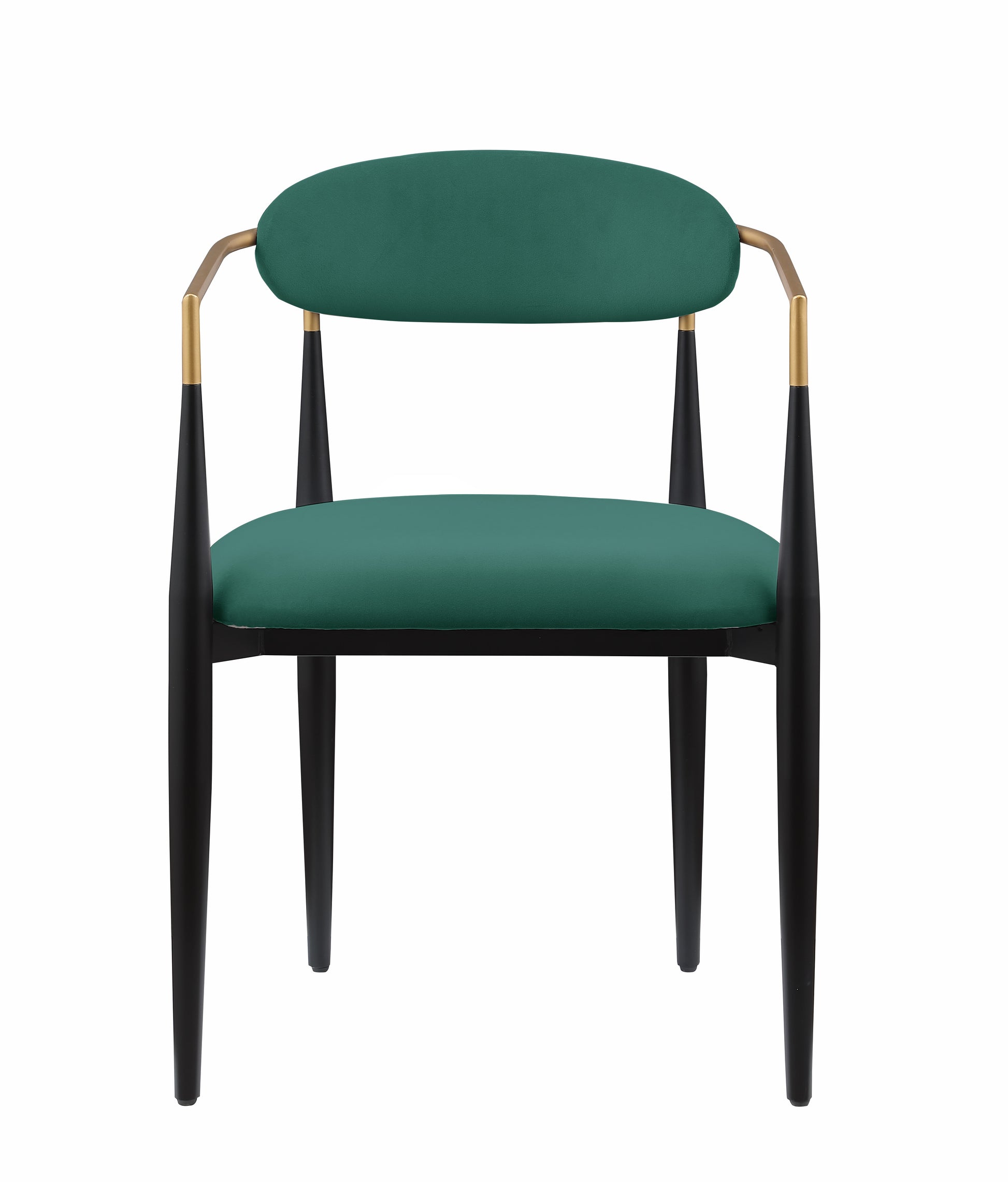 Emerald green velvet accent chair with black tapered legs and gold armrest accents