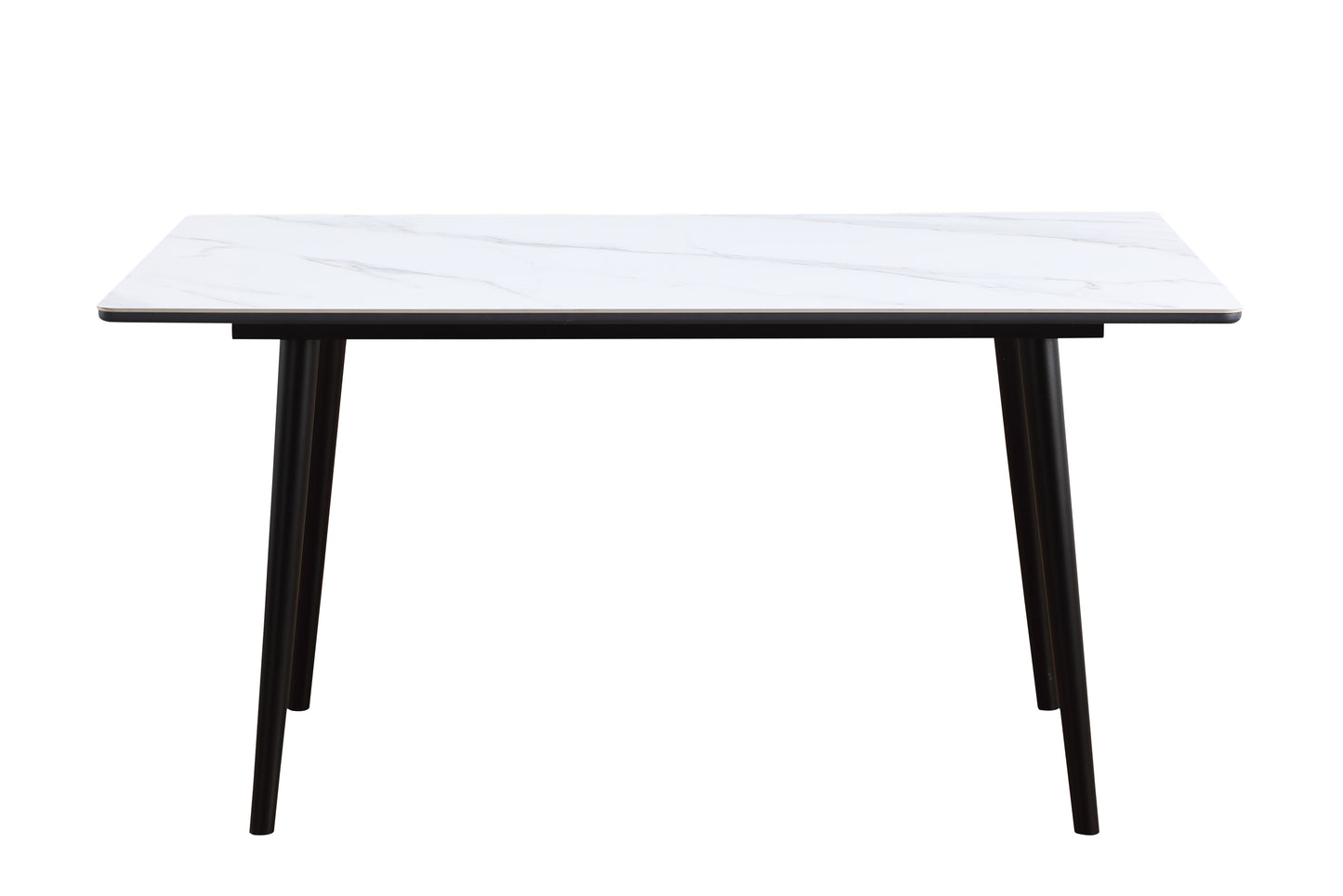 White marble top dining table with four black tapered legs