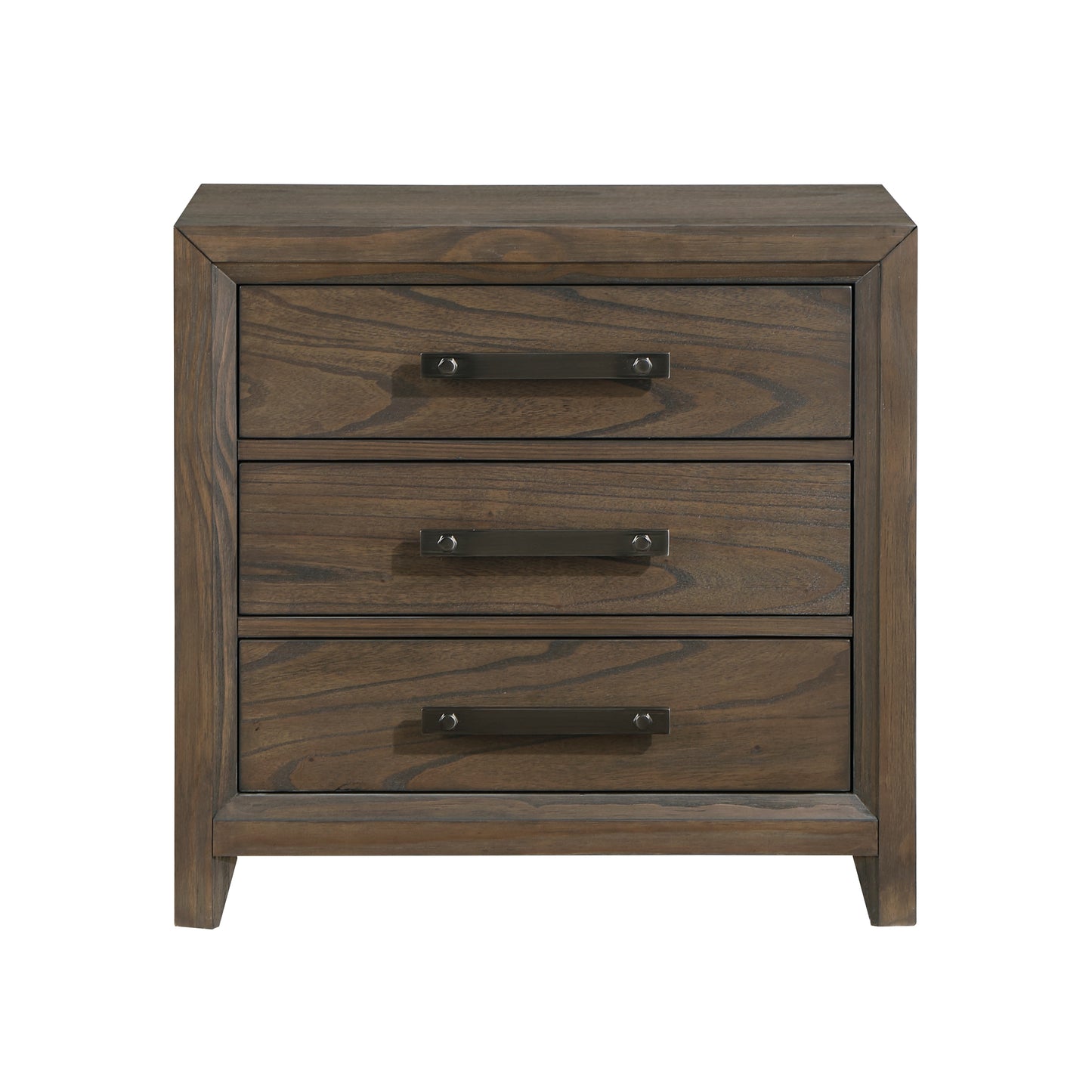 Dark oak wood nightstand with three drawers and brushed nickel handles