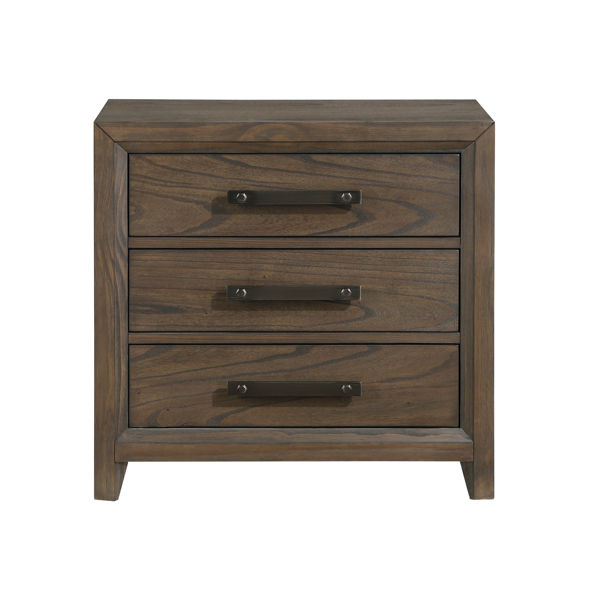 Dark oak wood nightstand with three drawers and brushed nickel handles