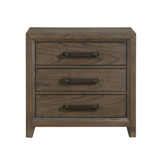 Dark oak wood nightstand with three drawers and brushed nickel handles