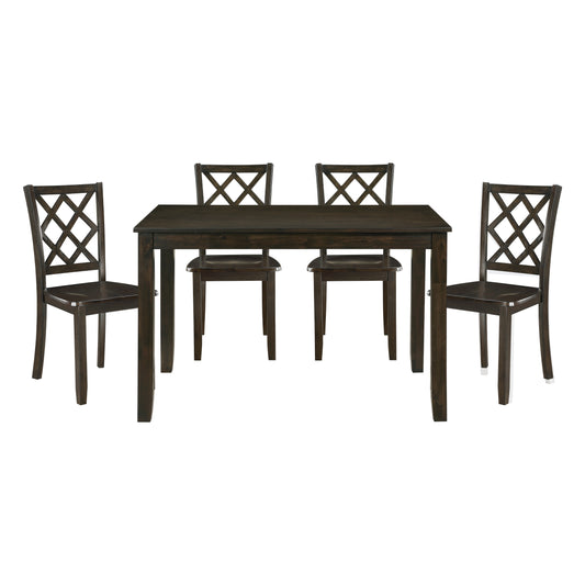Dark wood dining table set with four chairs featuring diamondpatterned backs