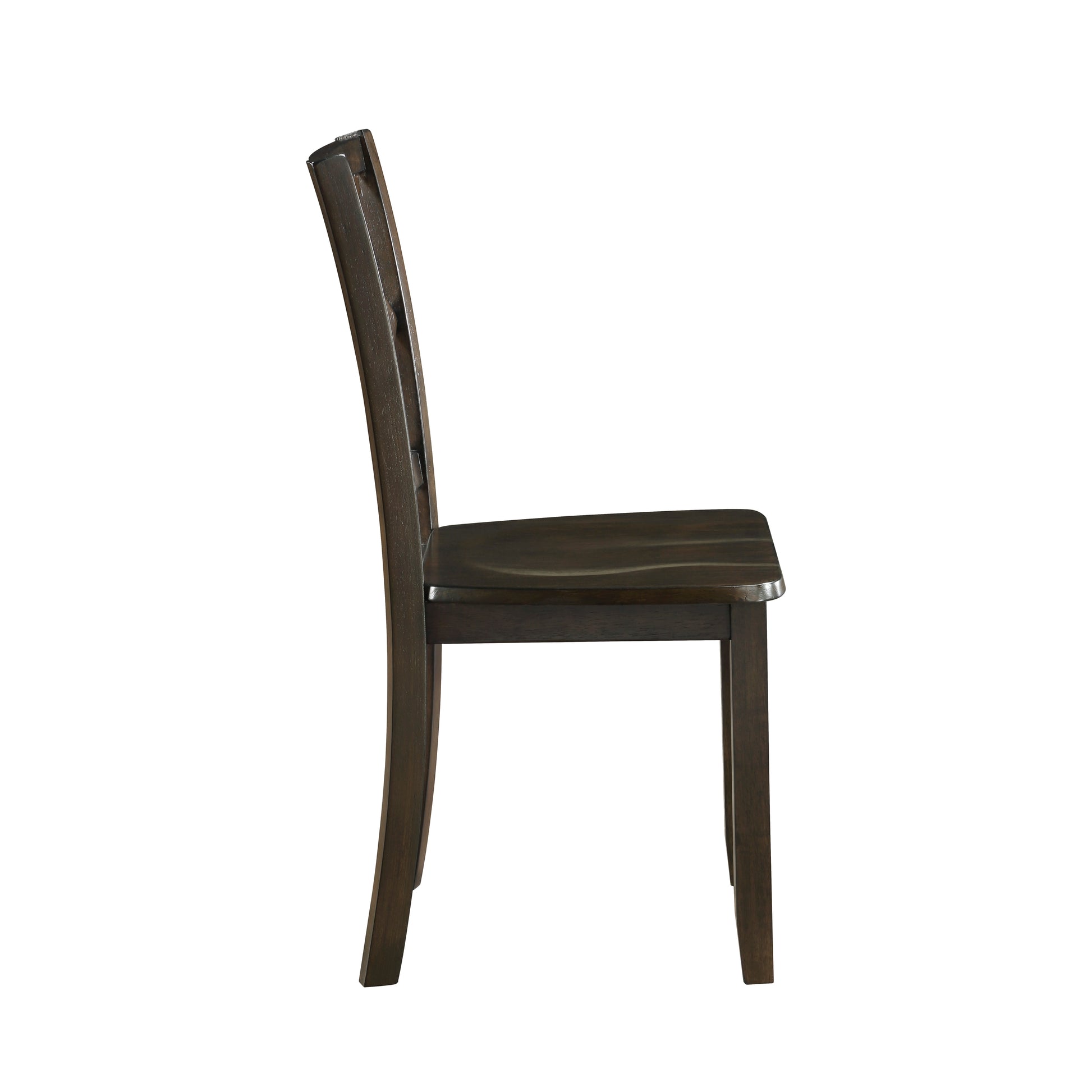 Dark brown wooden dining chair with intricate back slat detail and curved seat
